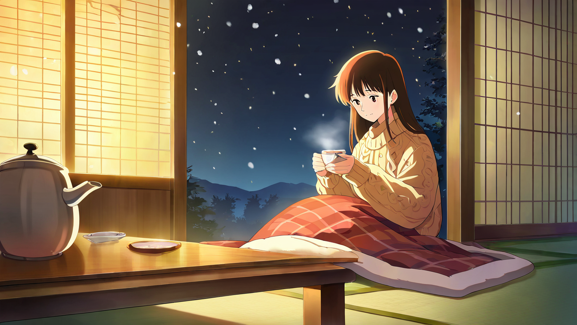 girl kotatsu winter lofi wallpaper