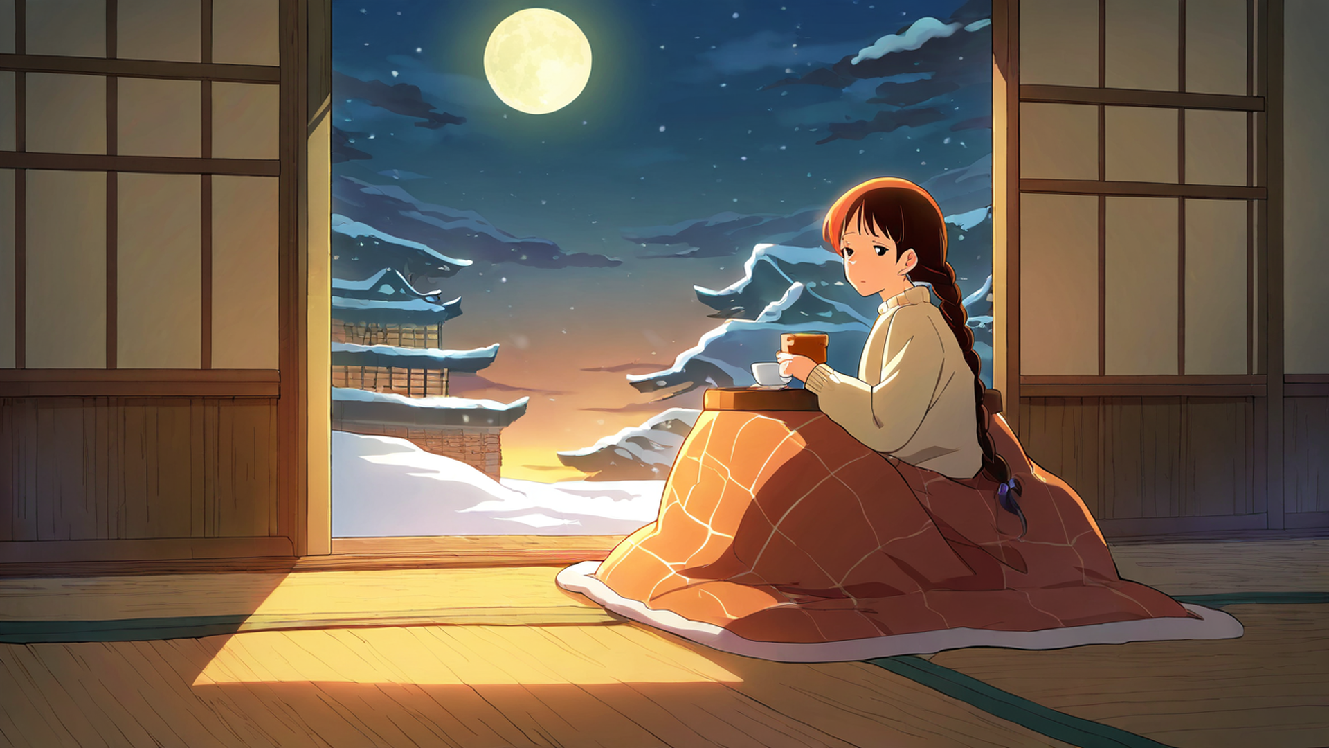 girl kotatsu winter lofi wallpaper