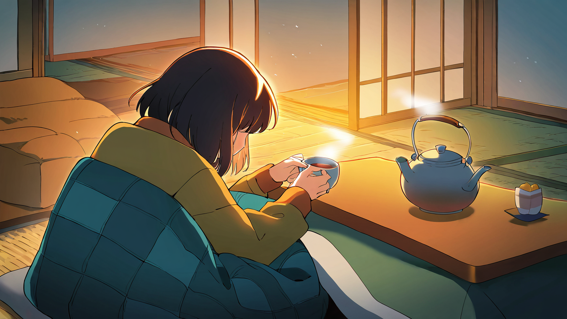 girl kotatsu winter lofi wallpaper
