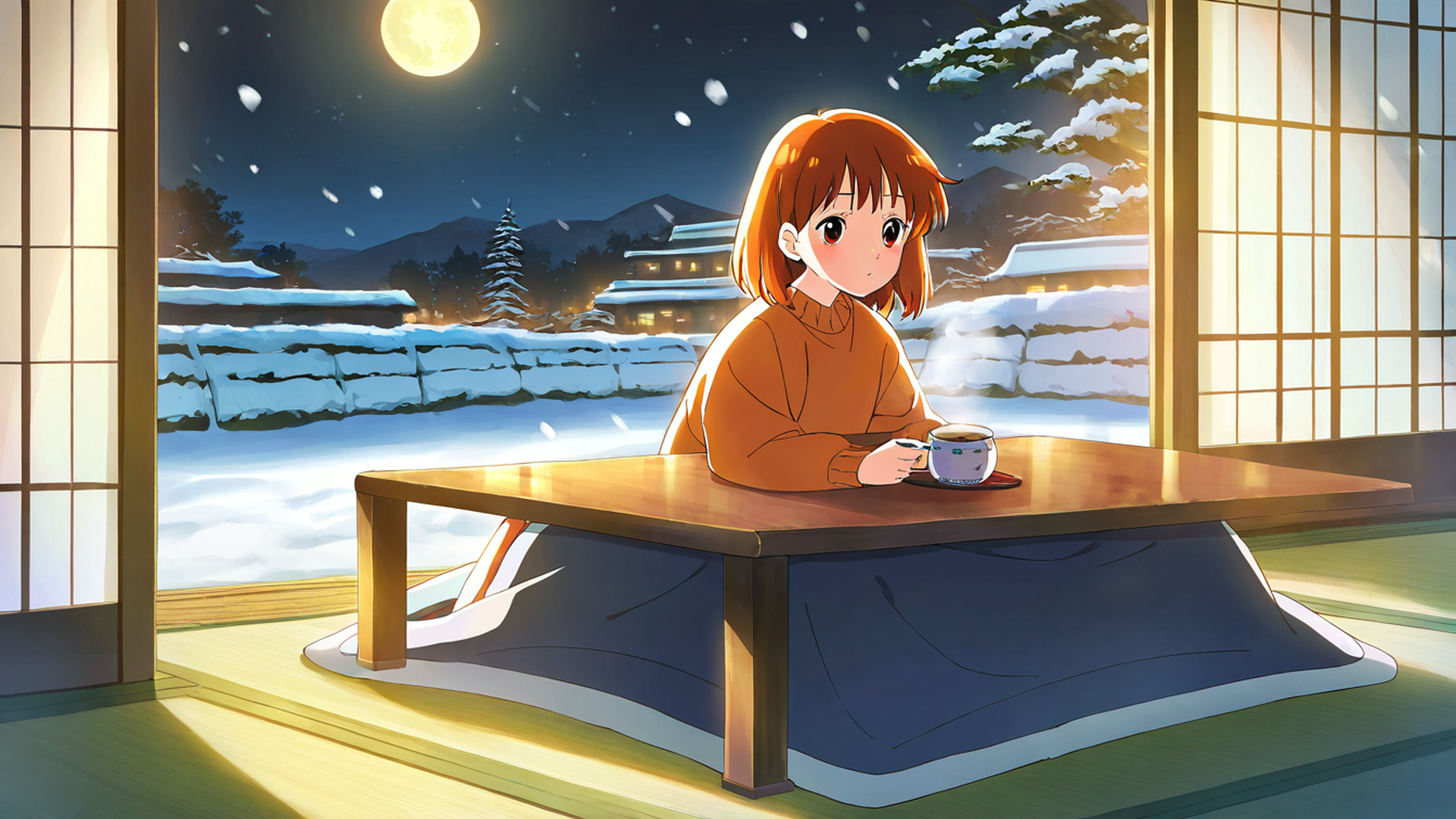 girl kotatsu winter lofi wallpaper