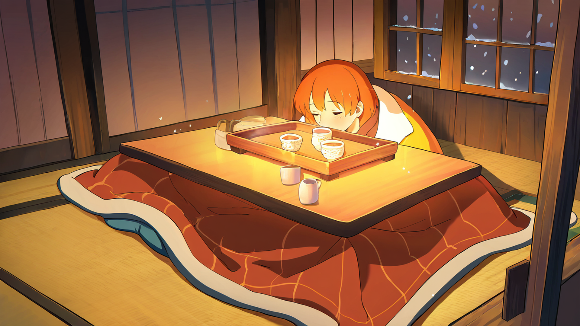 girl kotatsu winter lofi wallpaper