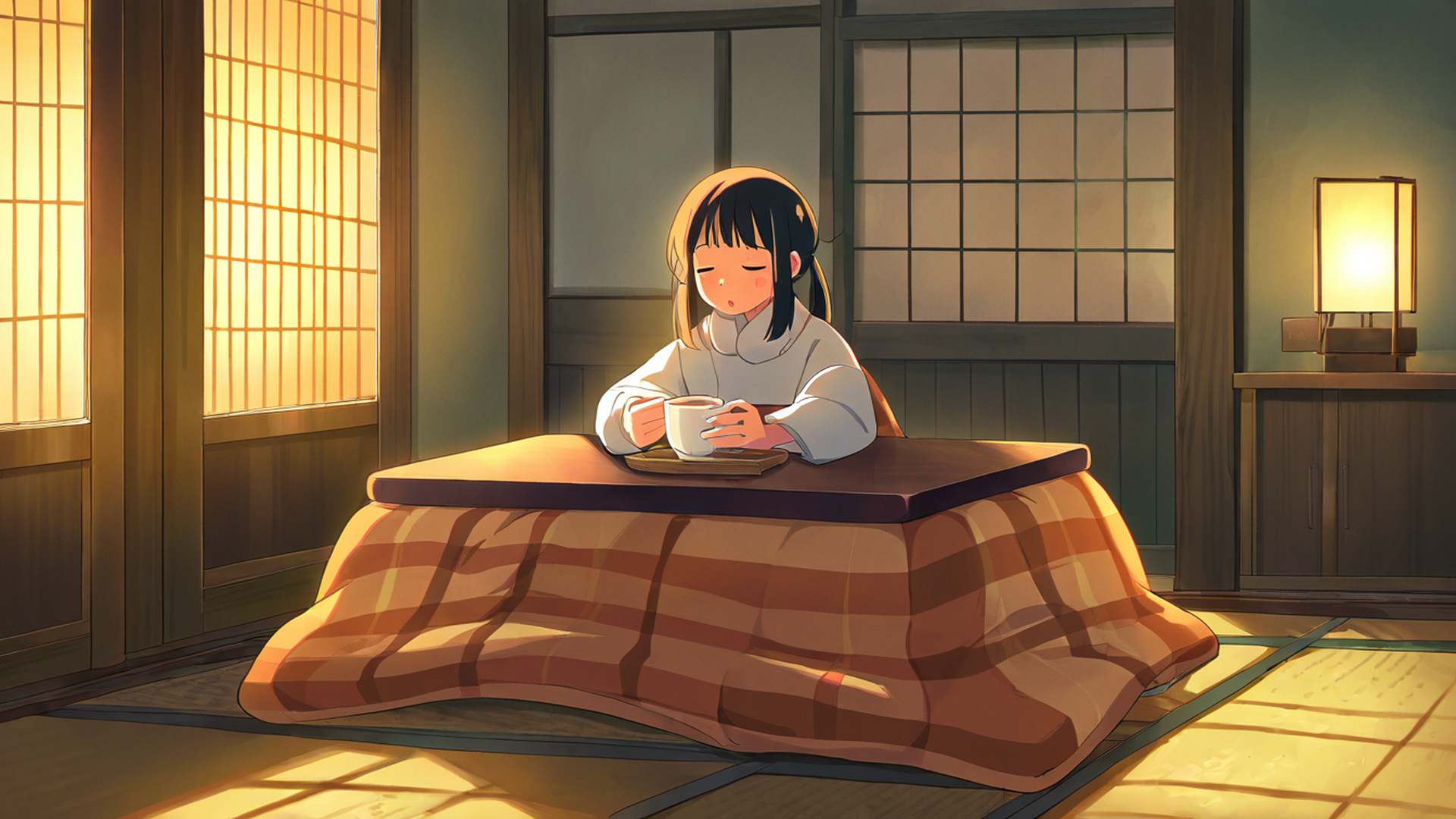 girl kotatsu winter lofi wallpaper
