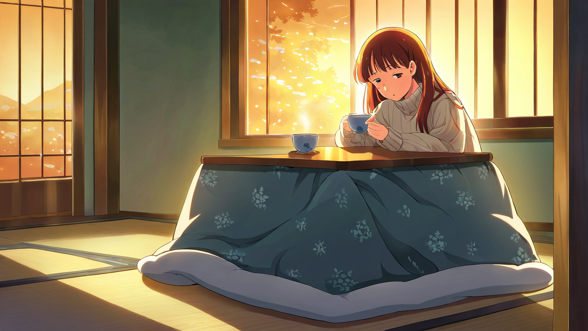 girl kotatsu winter lofi wallpaper