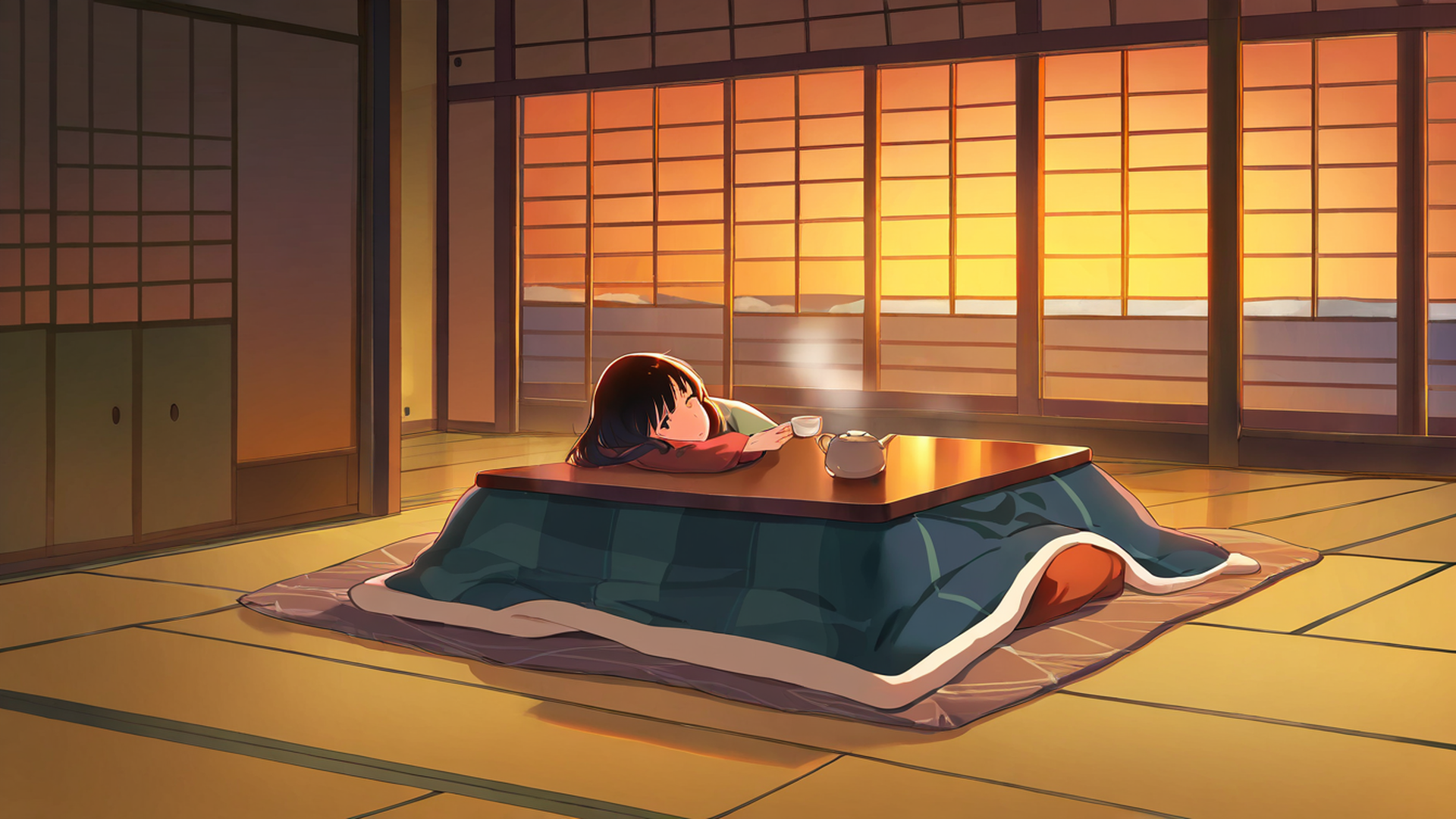 girl kotatsu winter lofi wallpaper