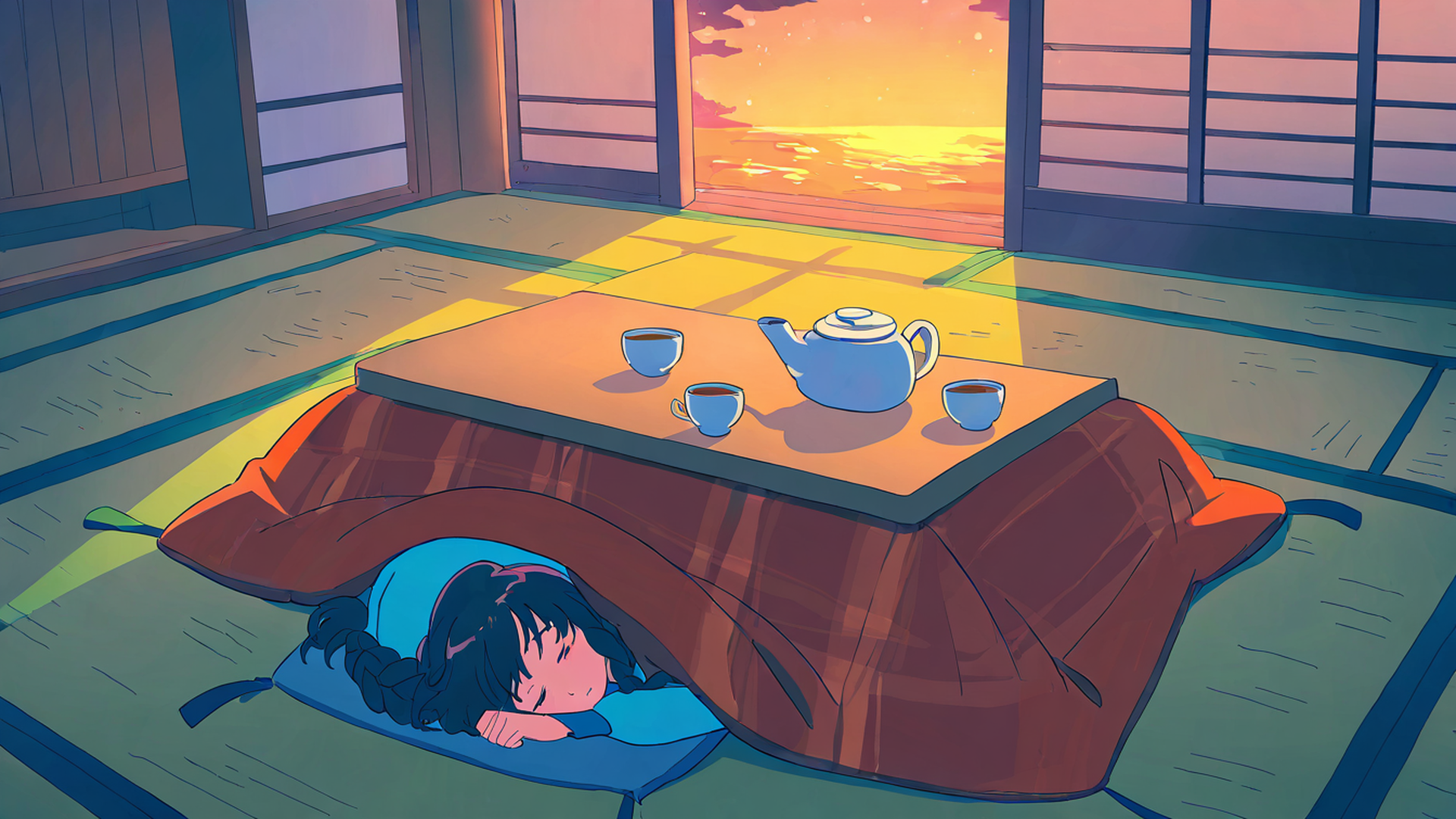 girl kotatsu winter lofi wallpaper