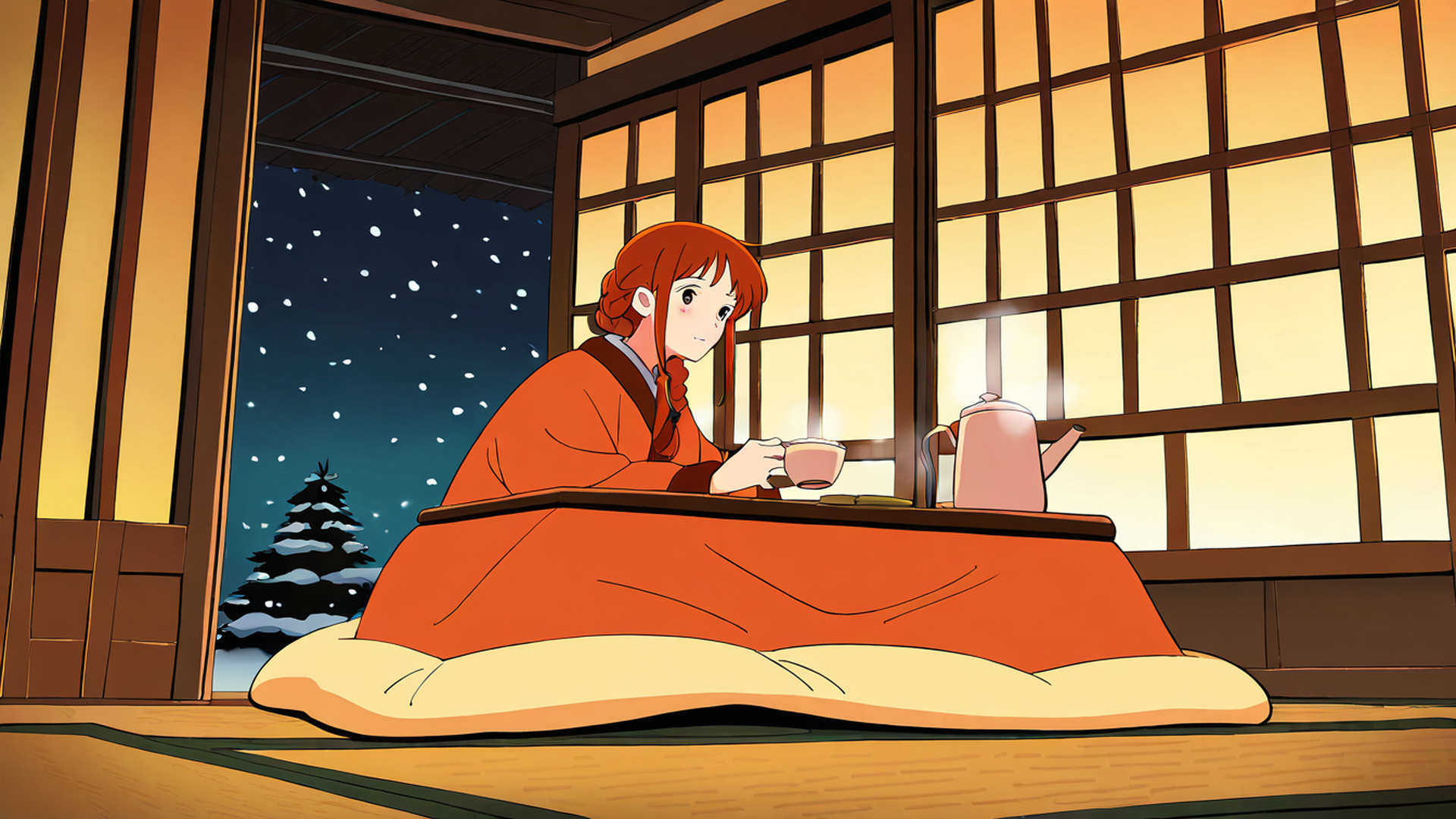 girl kotatsu winter lofi wallpaper