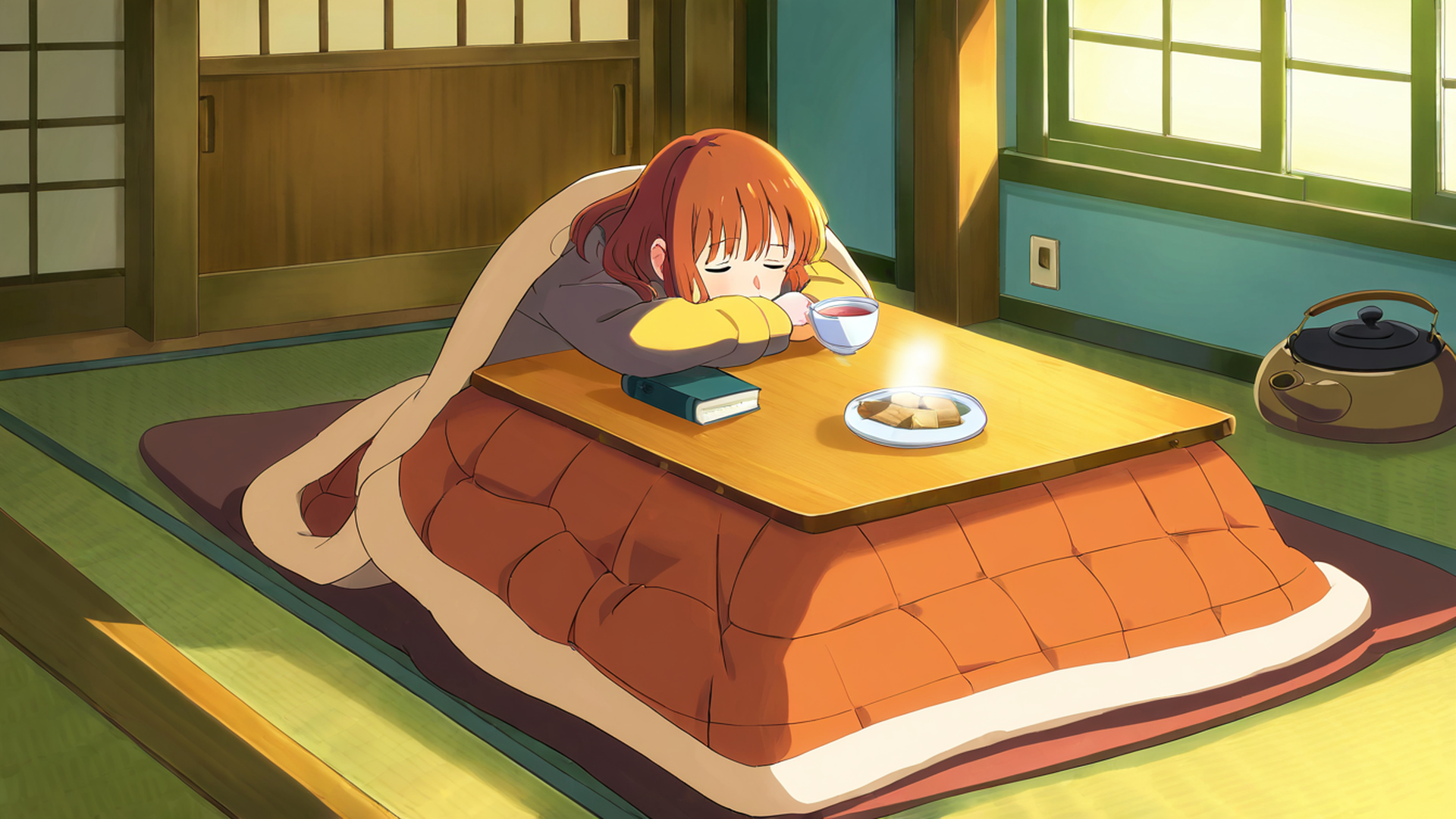 girl kotatsu winter lofi wallpaper