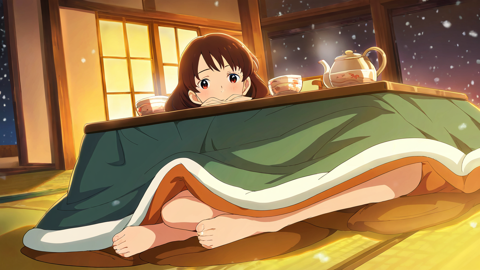 girl kotatsu winter lofi wallpaper