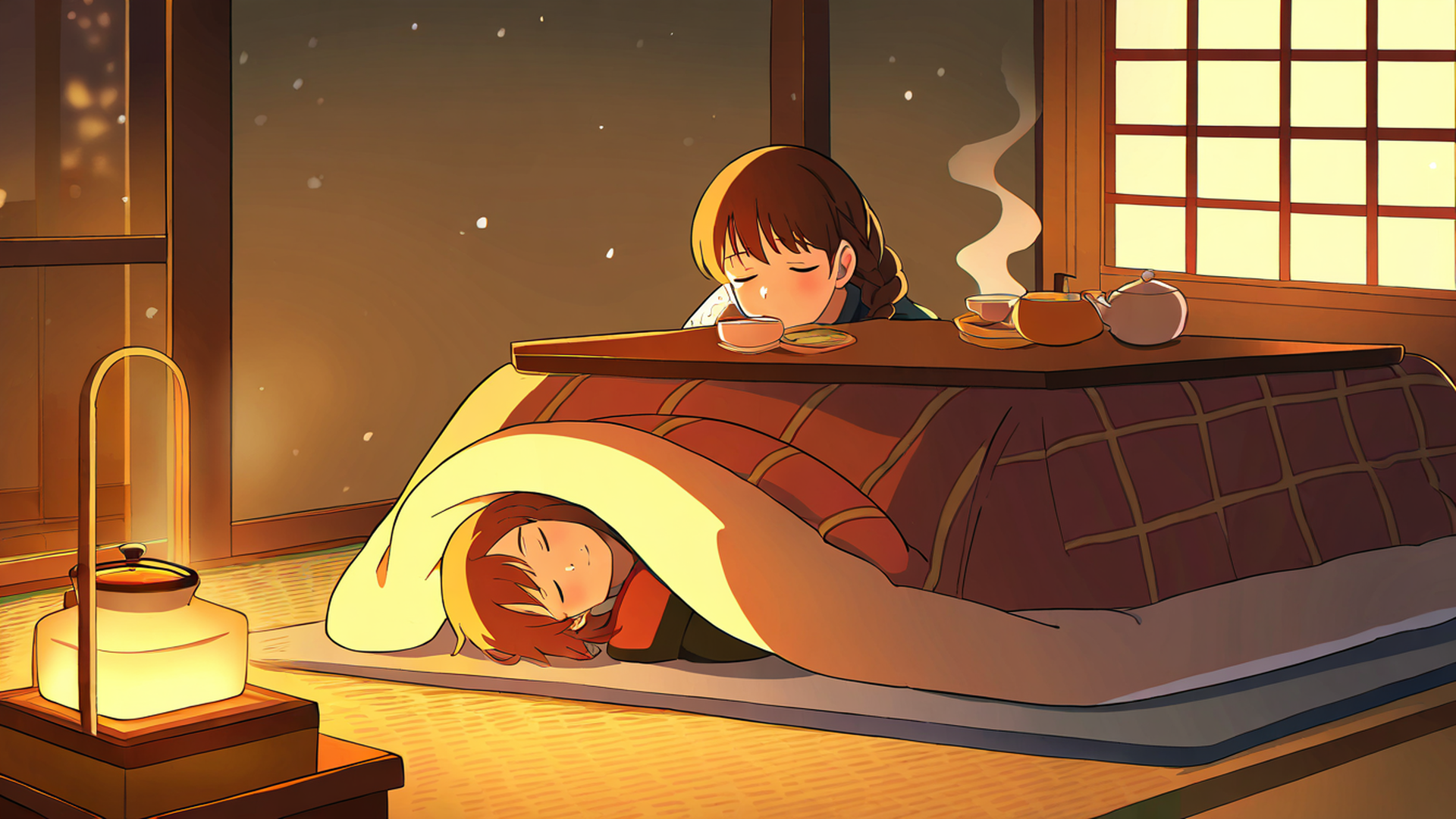girl kotatsu winter lofi wallpaper