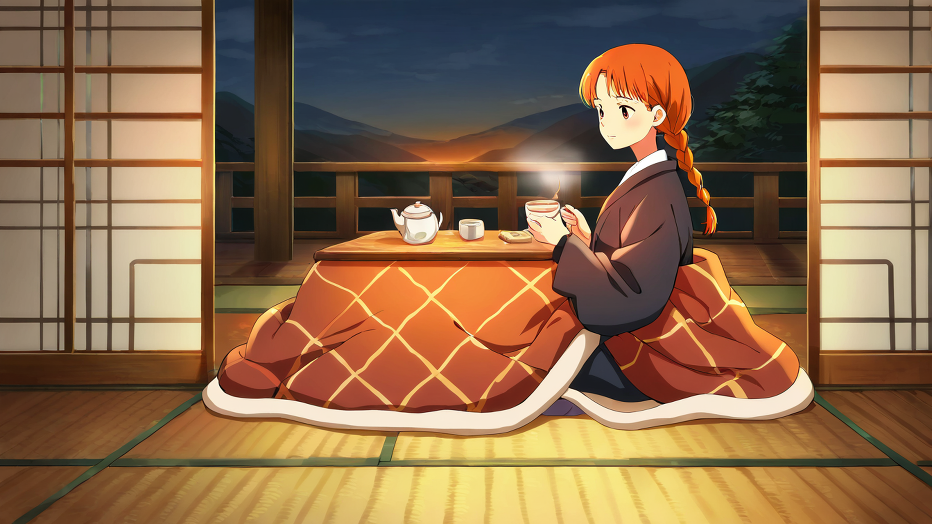 girl kotatsu winter lofi wallpaper