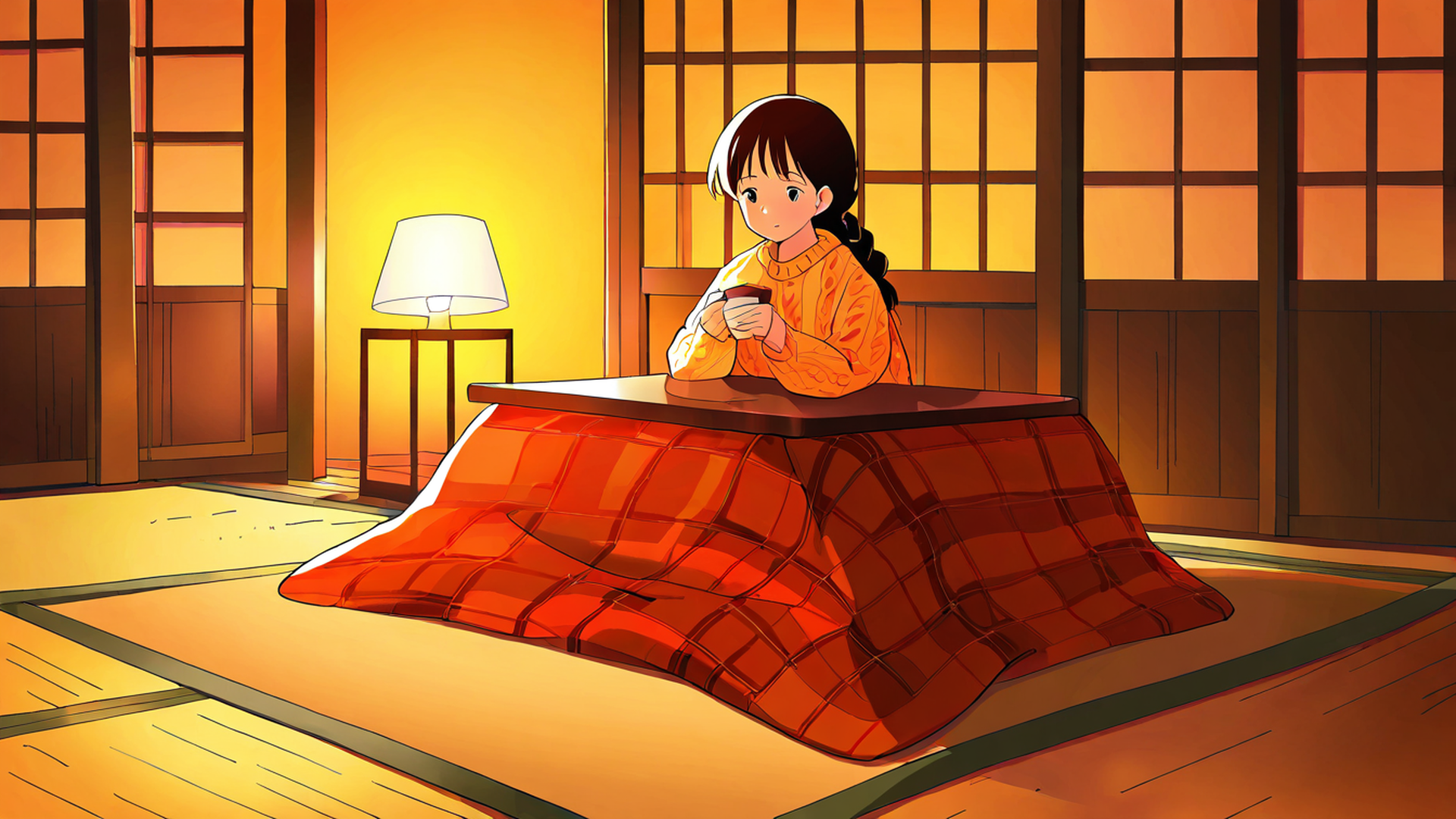 girl kotatsu winter lofi wallpaper