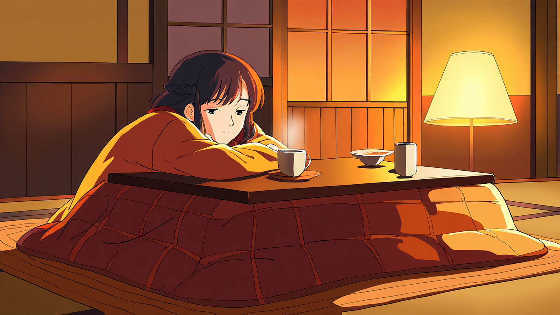 girl kotatsu winter lofi wallpaper