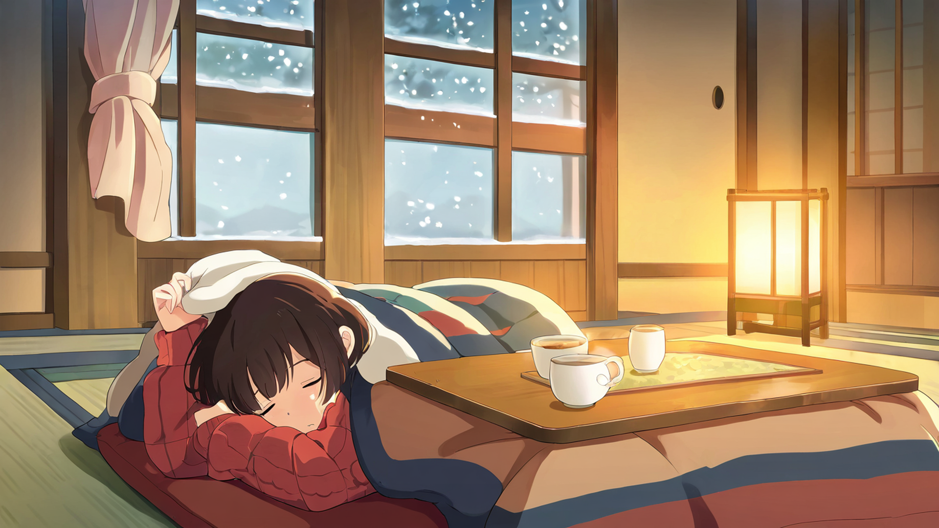 girl kotatsu winter lofi wallpaper