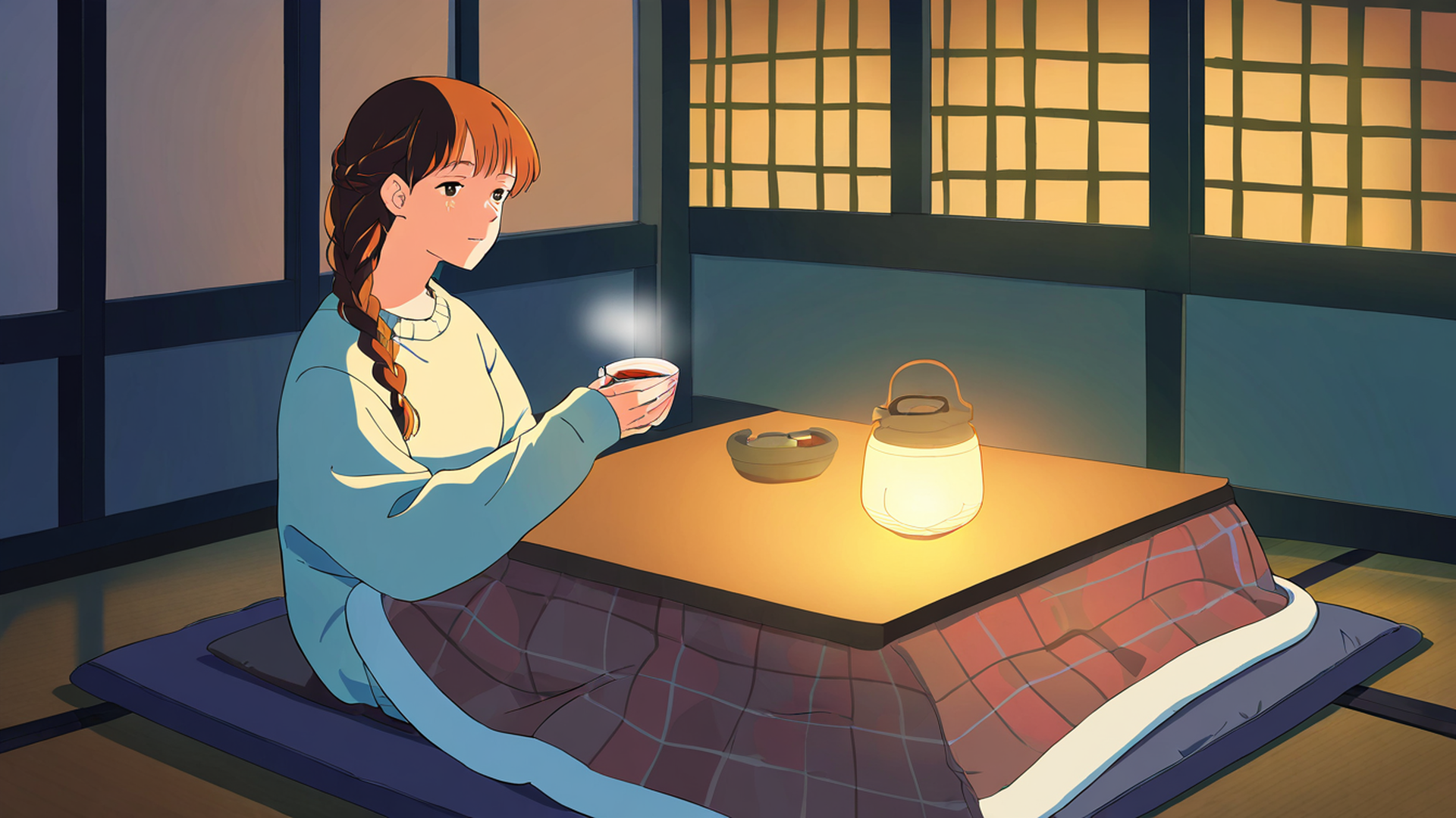 girl kotatsu winter lofi wallpaper