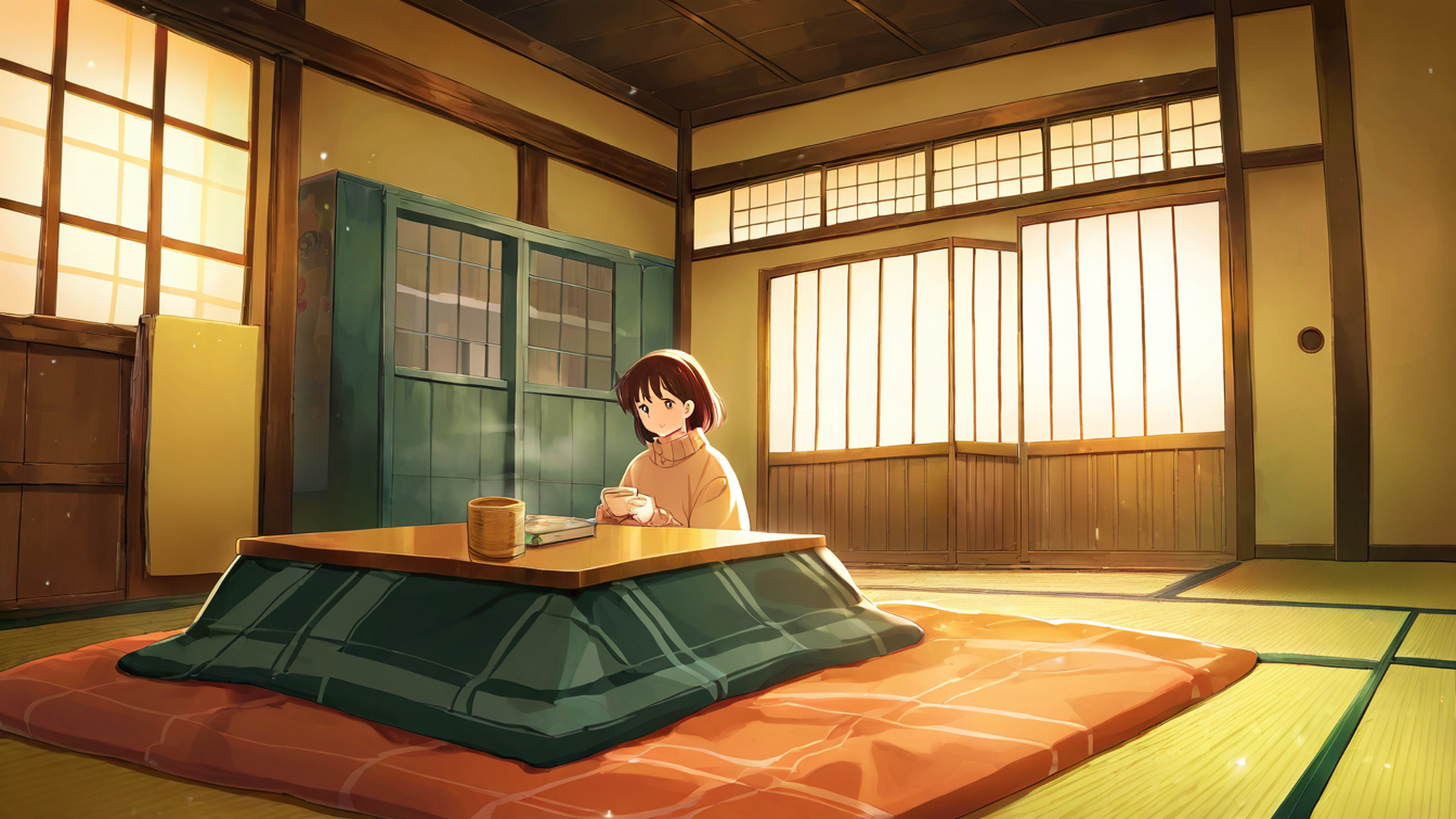 girl kotatsu winter lofi wallpaper