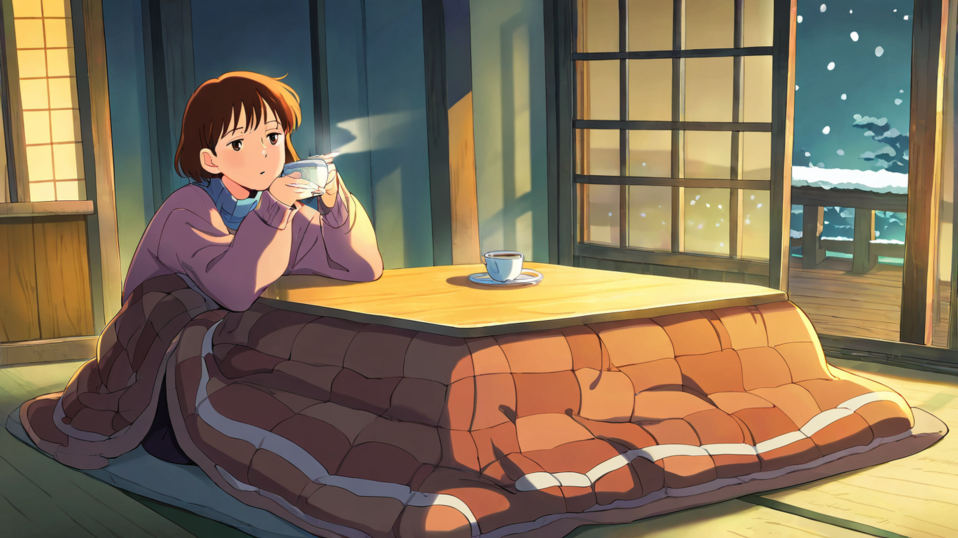 girl kotatsu winter lofi wallpaper
