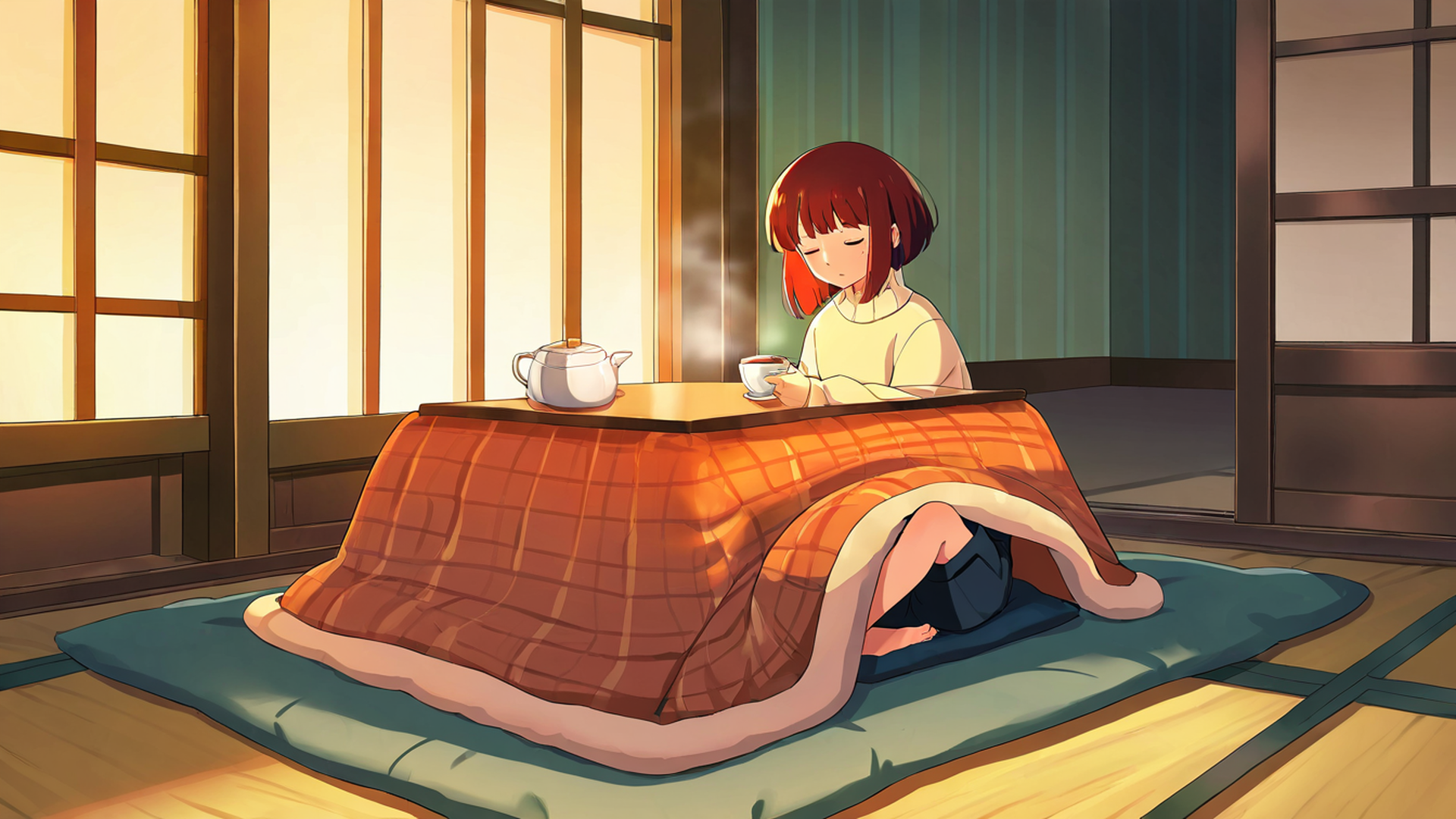 girl kotatsu winter lofi wallpaper