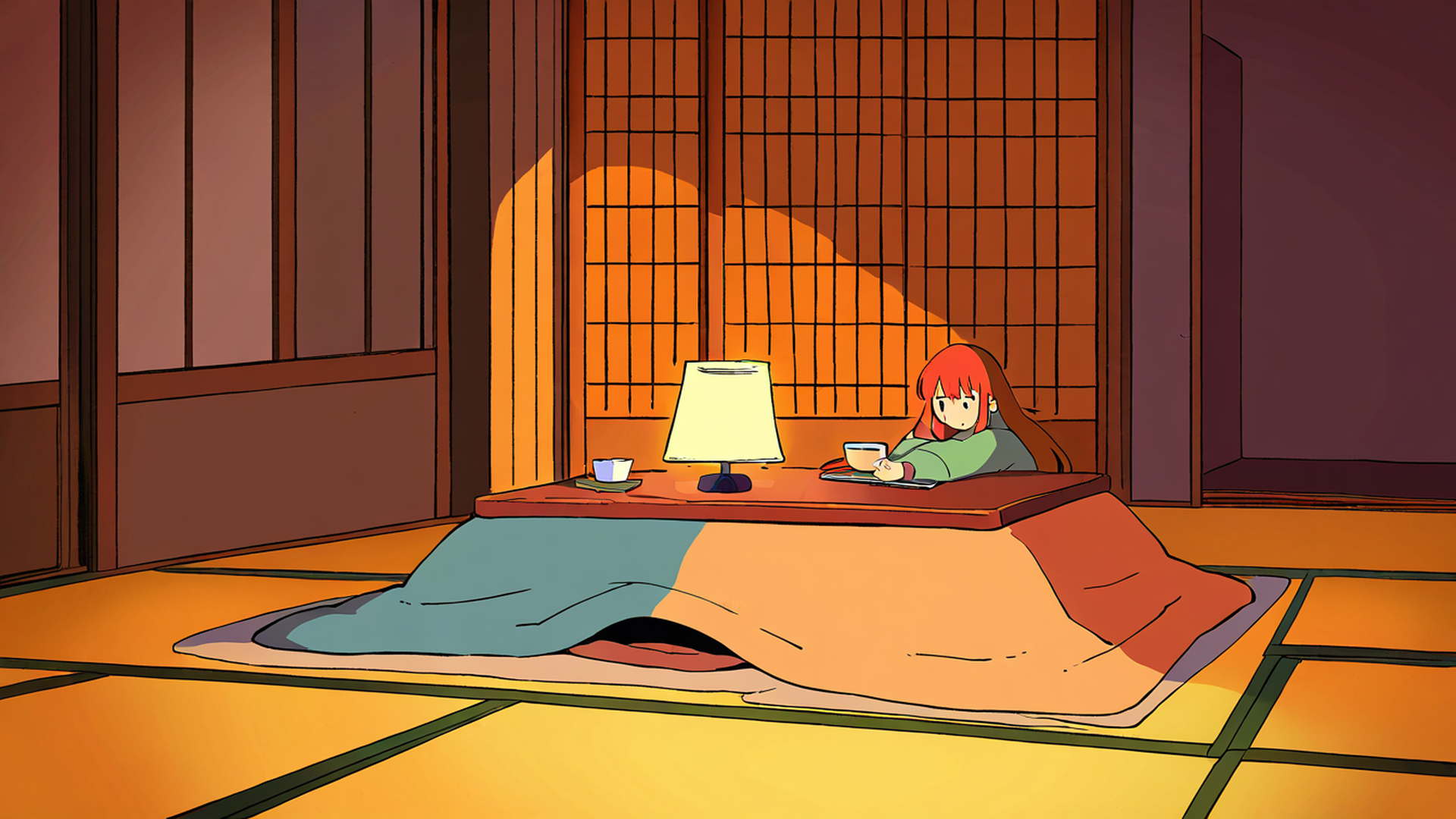 girl kotatsu winter lofi wallpaper