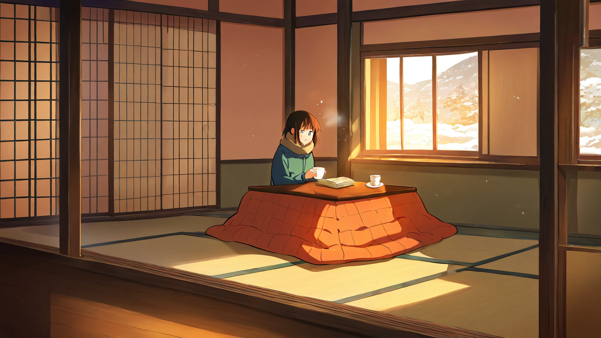girl kotatsu winter lofi wallpaper