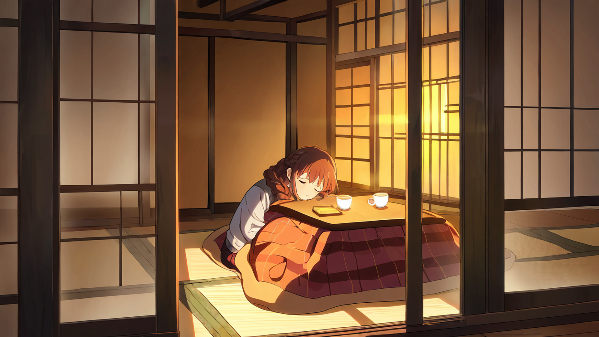 girl kotatsu winter lofi wallpaper