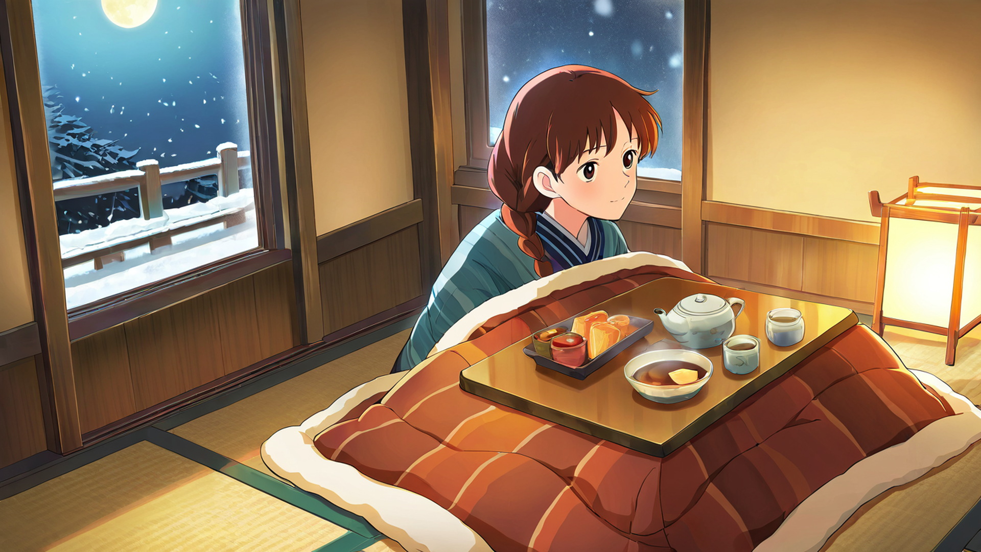 girl kotatsu winter lofi wallpaper