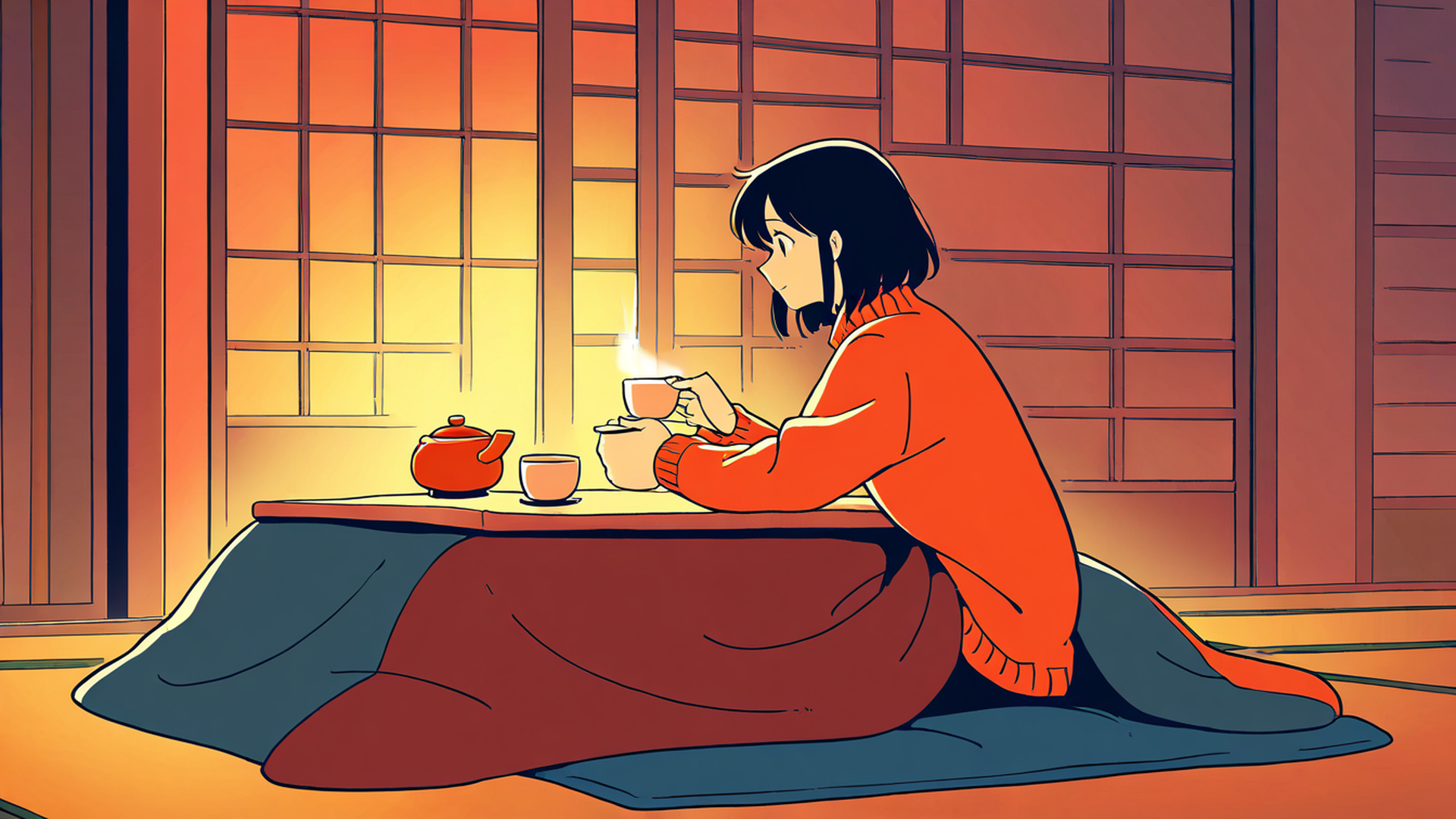 girl kotatsu winter lofi wallpaper