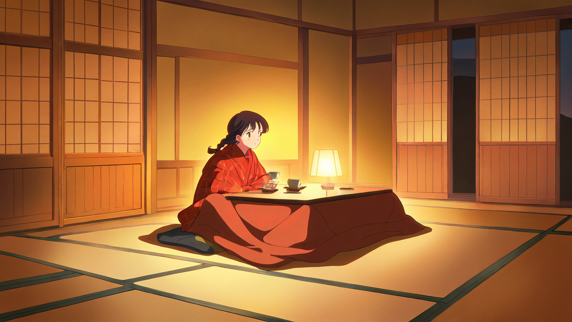 girl kotatsu winter lofi wallpaper