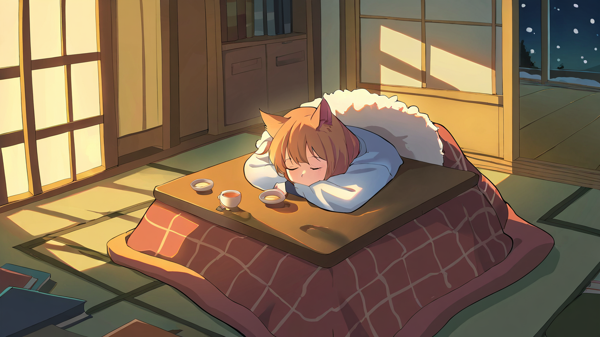 girl kotatsu winter lofi wallpaper