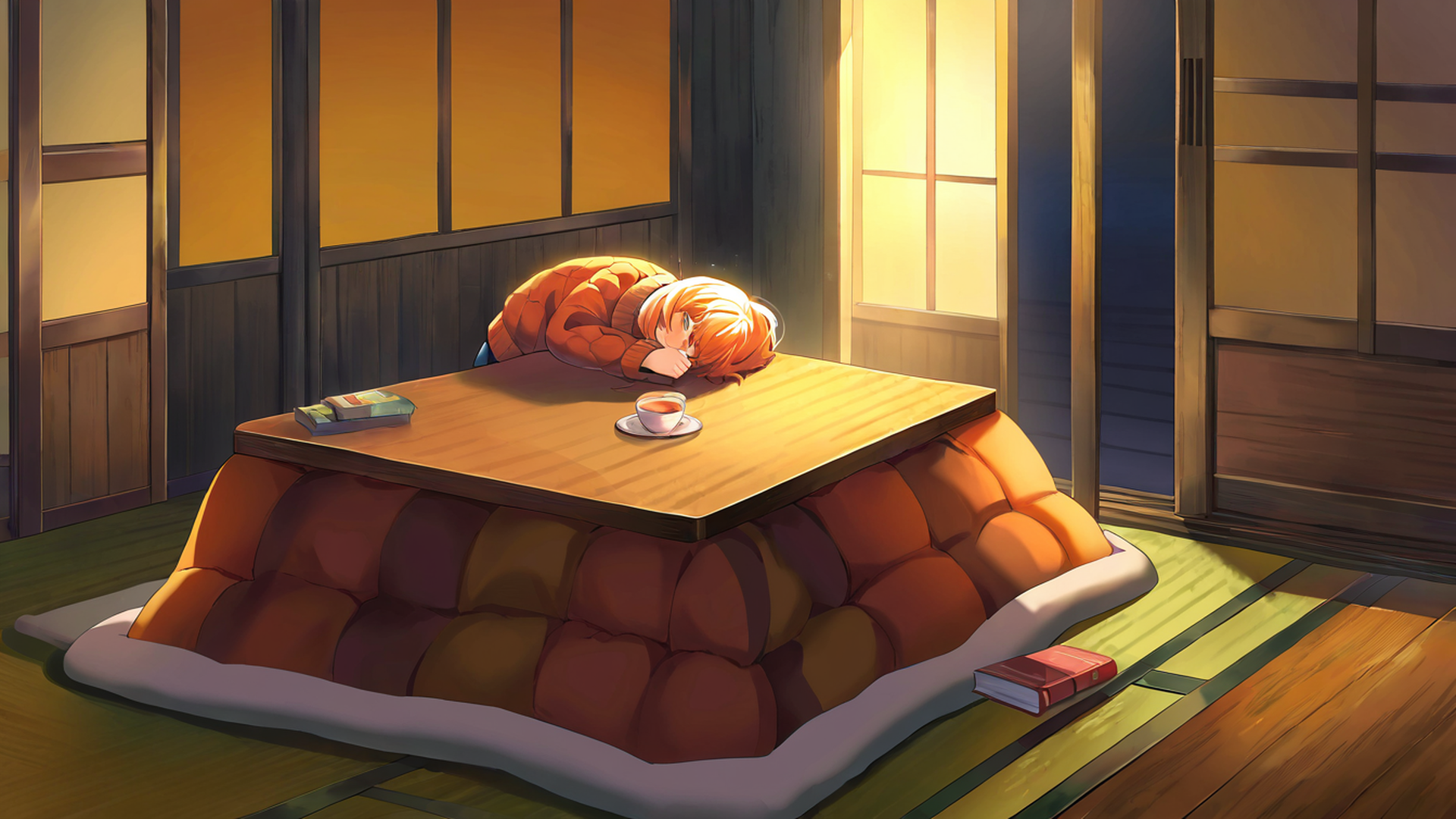 girl kotatsu winter lofi wallpaper