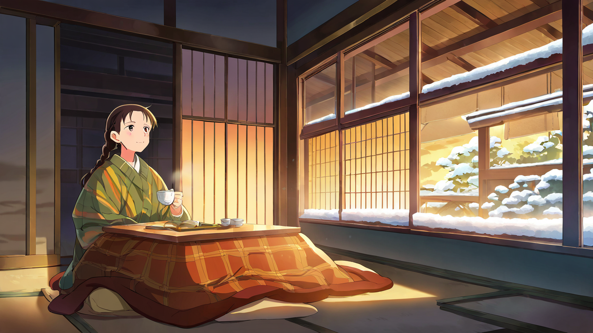 girl kotatsu winter lofi wallpaper