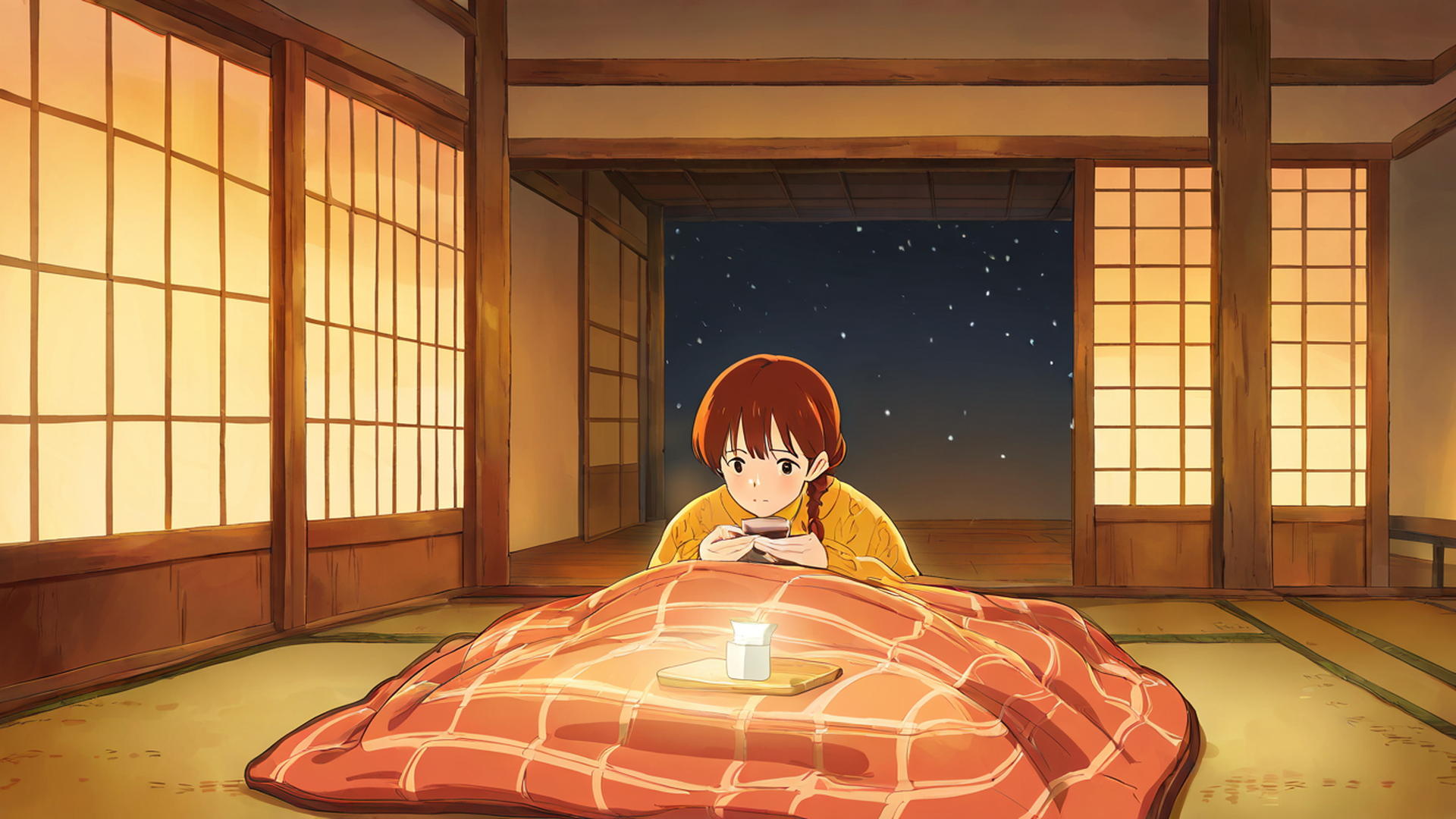 girl kotatsu winter lofi wallpaper