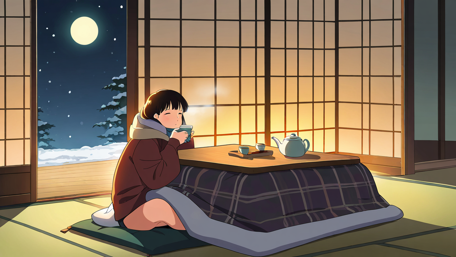 girl kotatsu winter lofi wallpaper