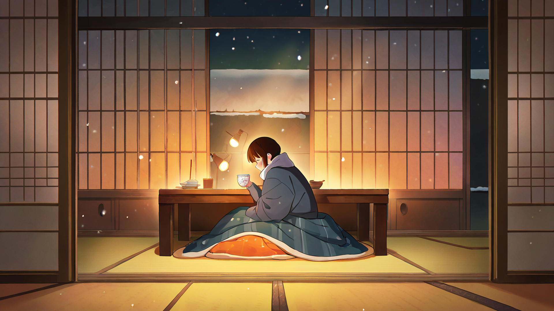 girl kotatsu winter lofi wallpaper