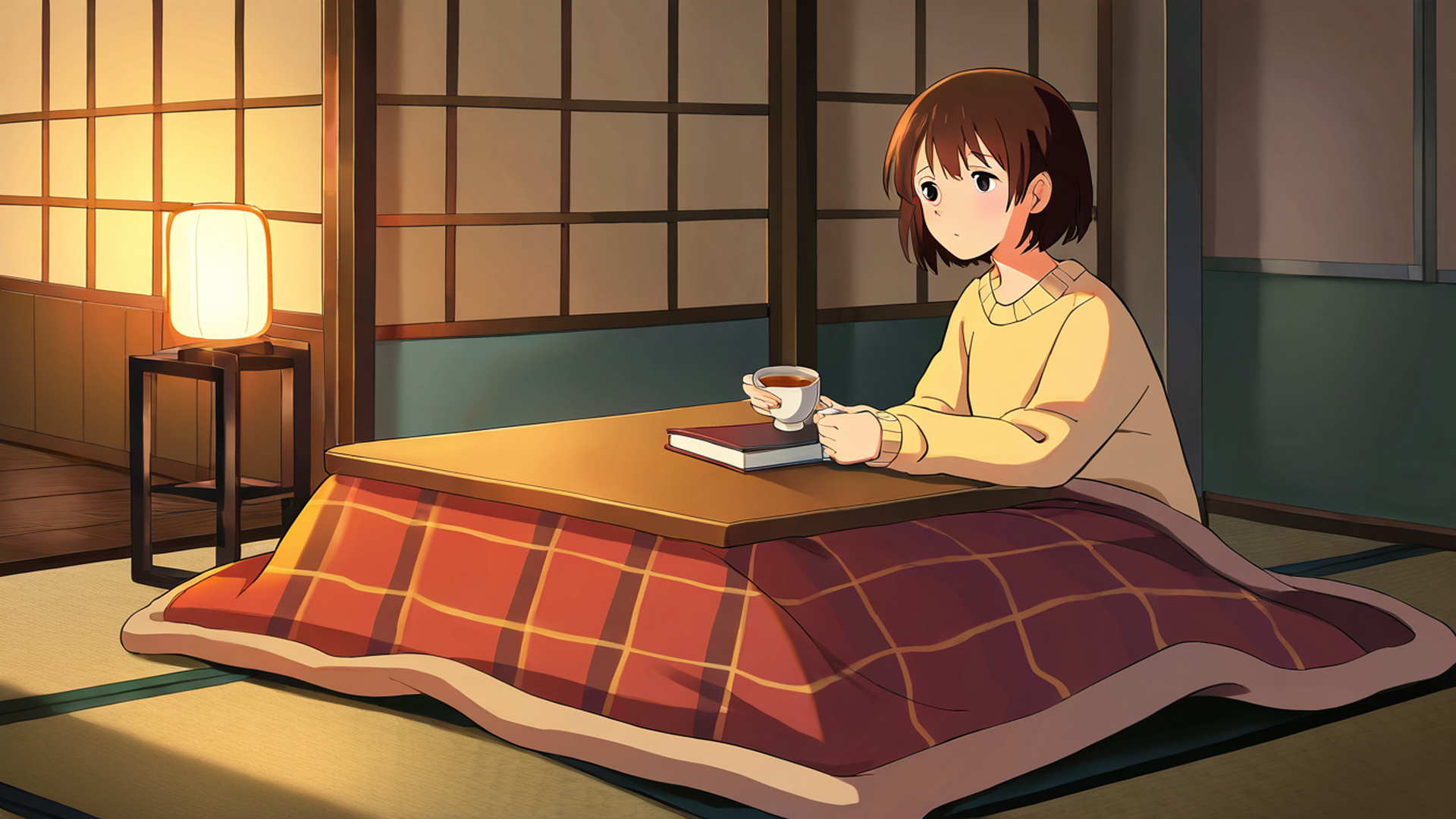 girl kotatsu winter lofi wallpaper