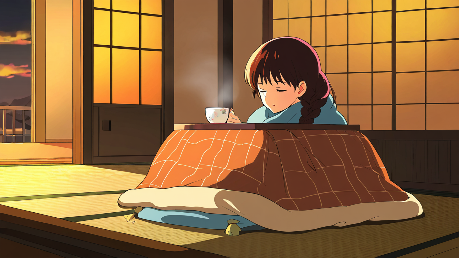 girl kotatsu winter lofi wallpaper