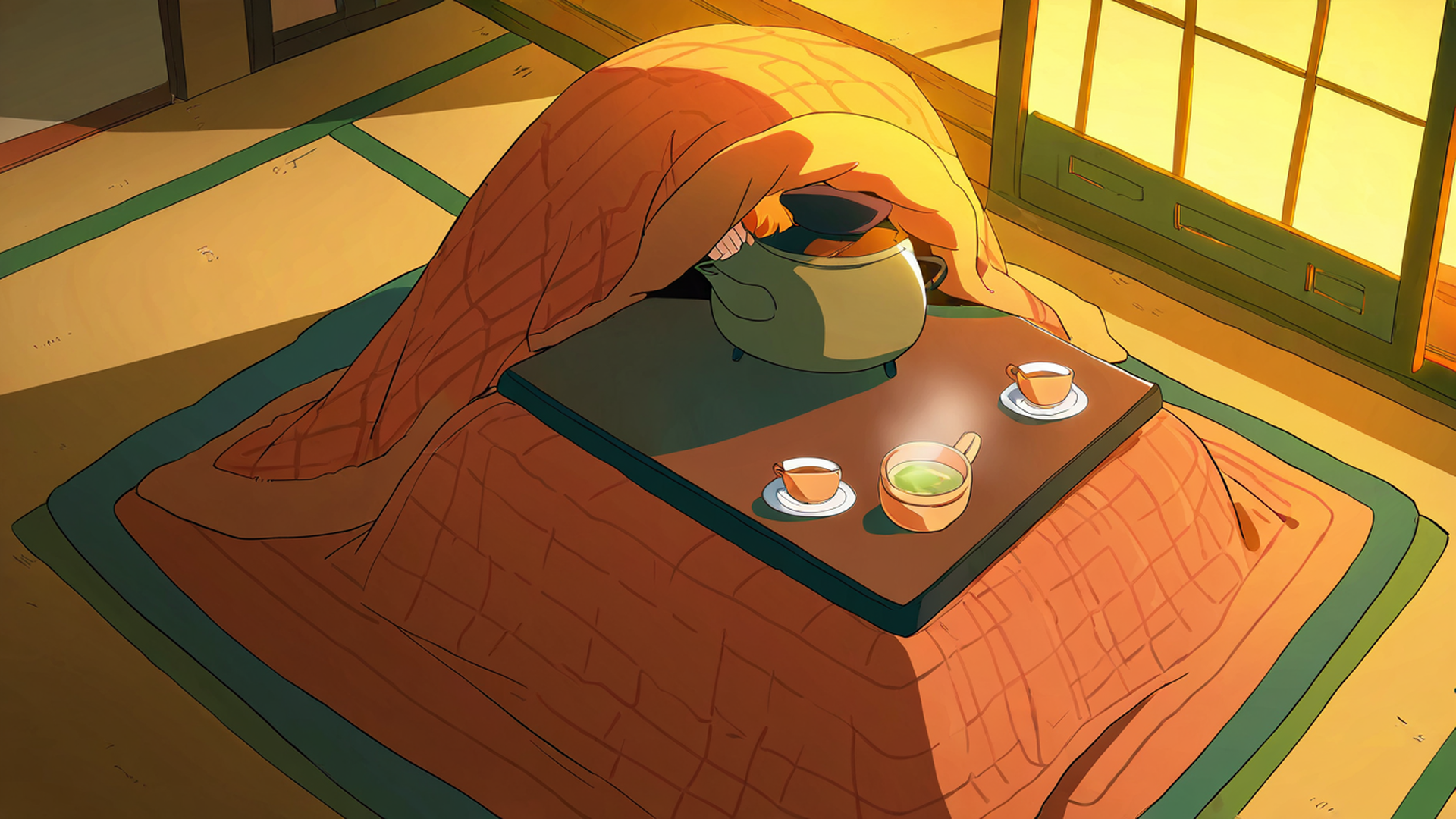 girl kotatsu winter lofi wallpaper