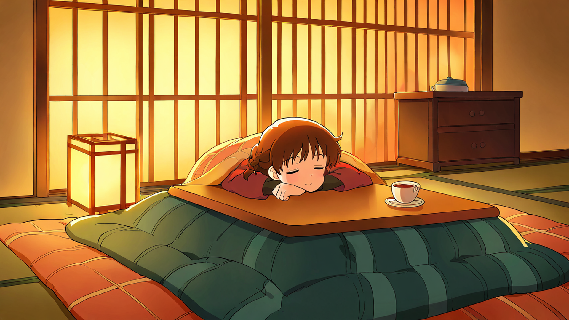 girl kotatsu winter lofi wallpaper
