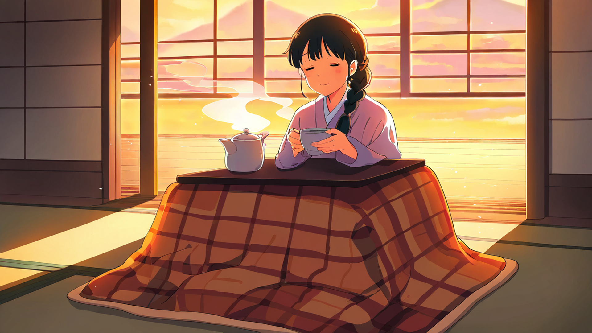 girl kotatsu winter lofi wallpaper