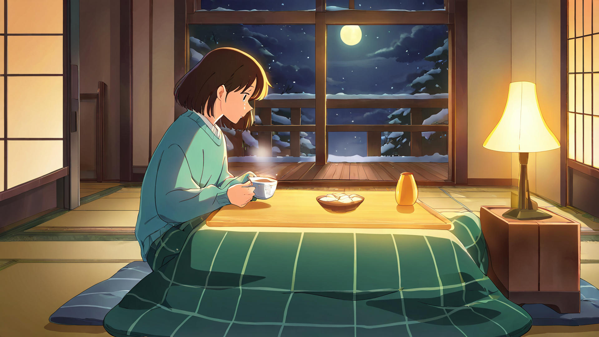 girl kotatsu winter lofi wallpaper