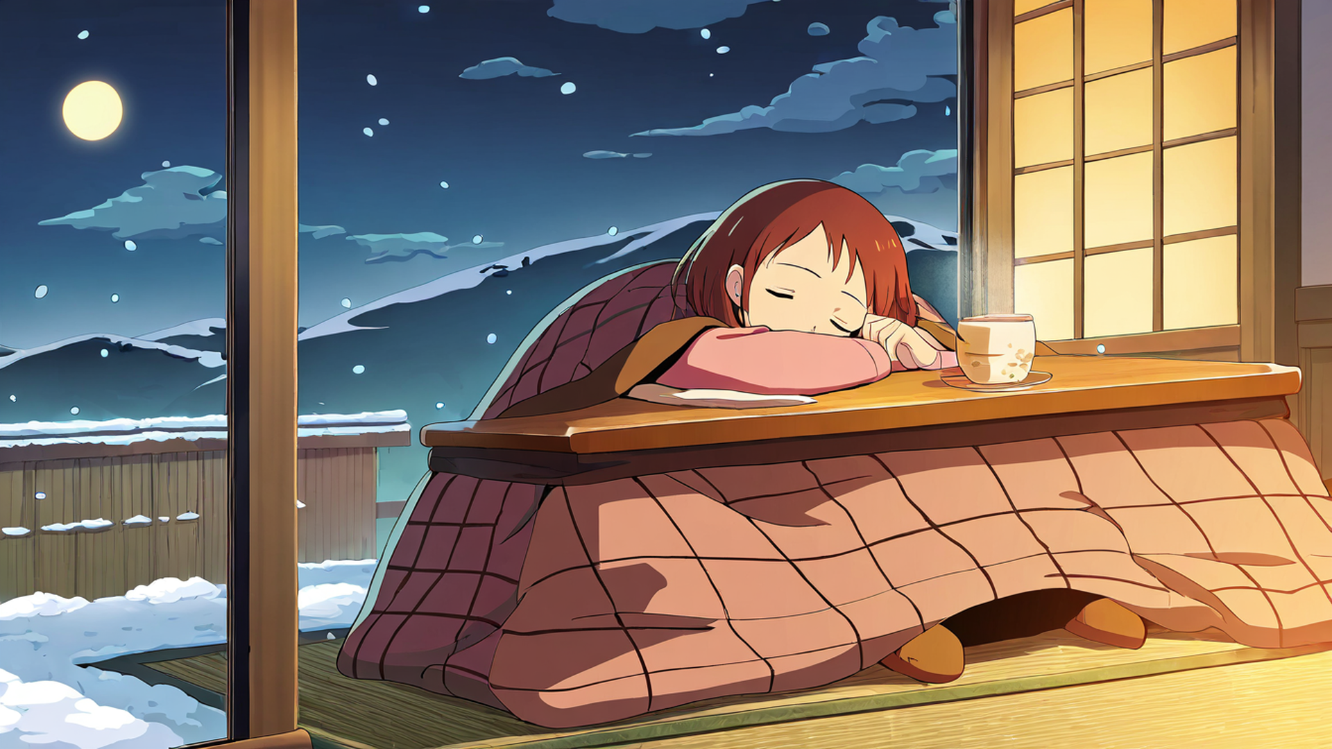 girl kotatsu winter lofi wallpaper