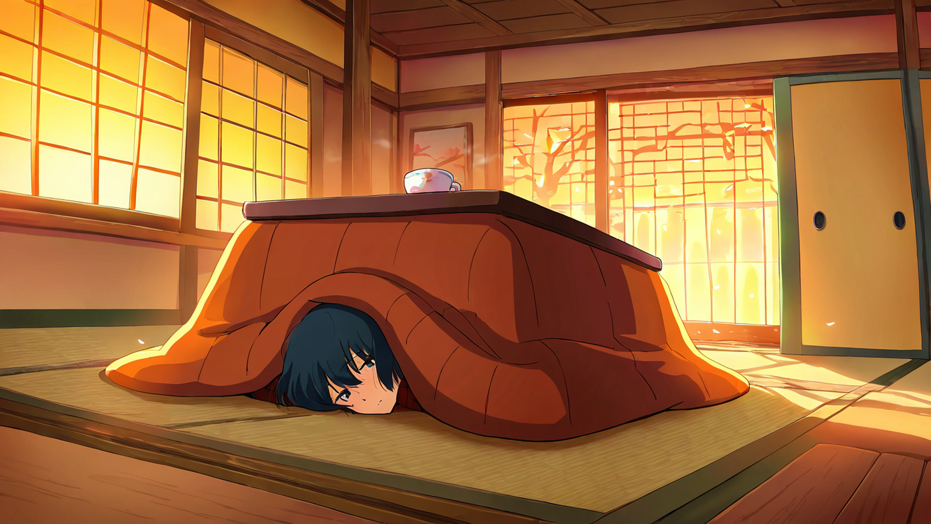 girl kotatsu winter lofi wallpaper