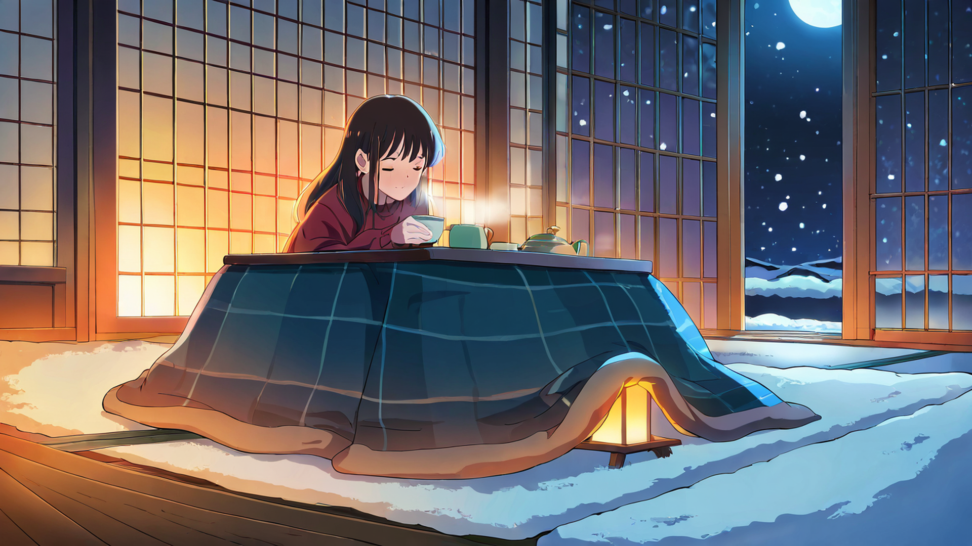 girl kotatsu winter lofi wallpaper