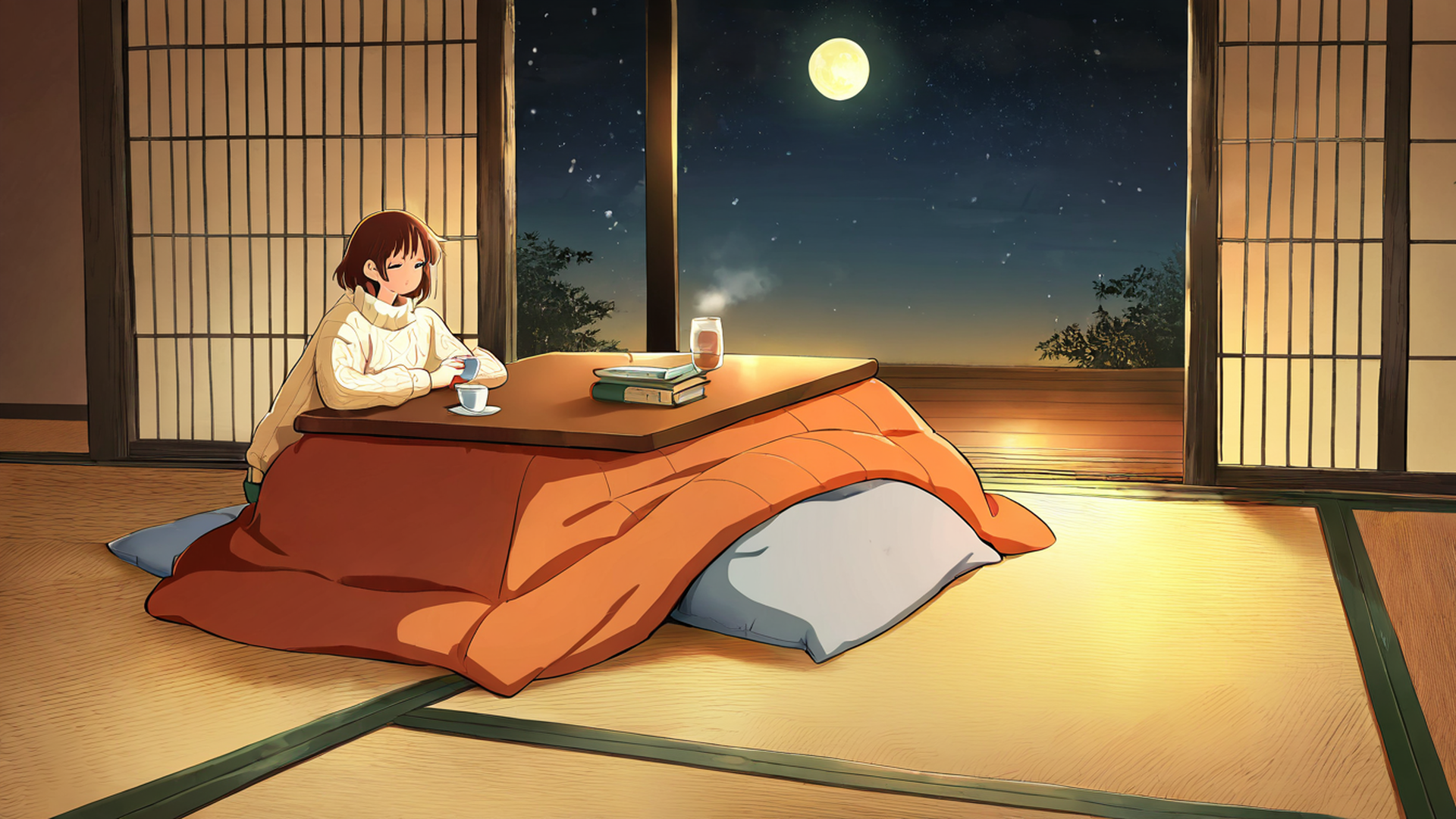 girl kotatsu winter lofi wallpaper