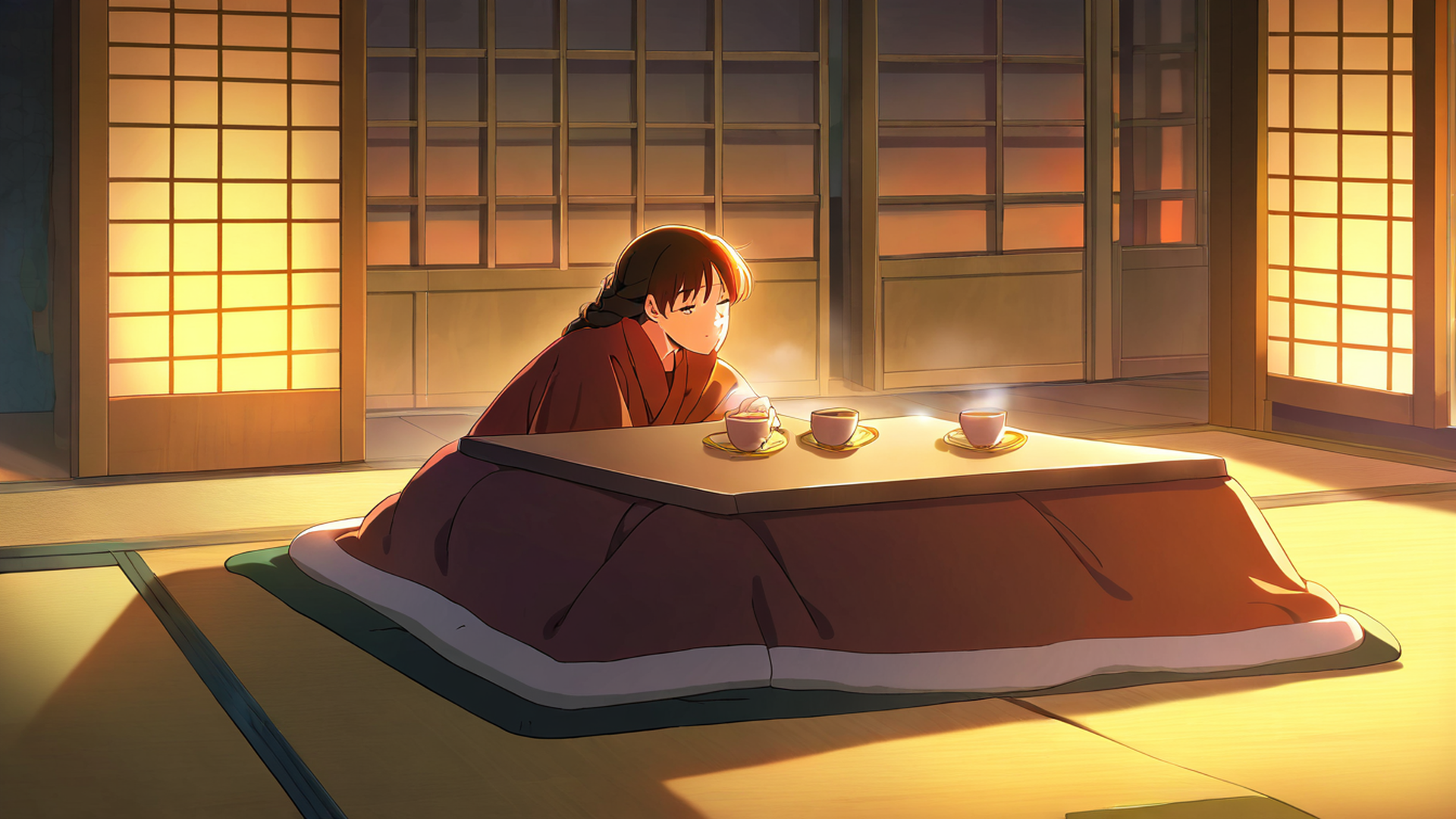 girl kotatsu winter lofi wallpaper