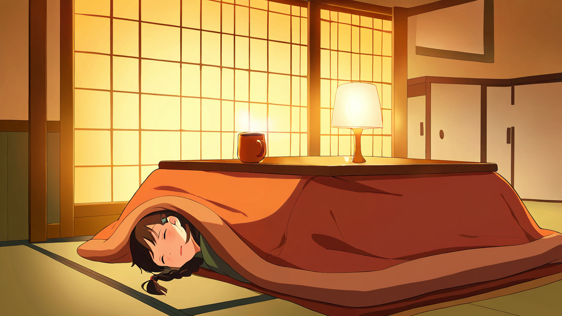 girl kotatsu winter lofi wallpaper