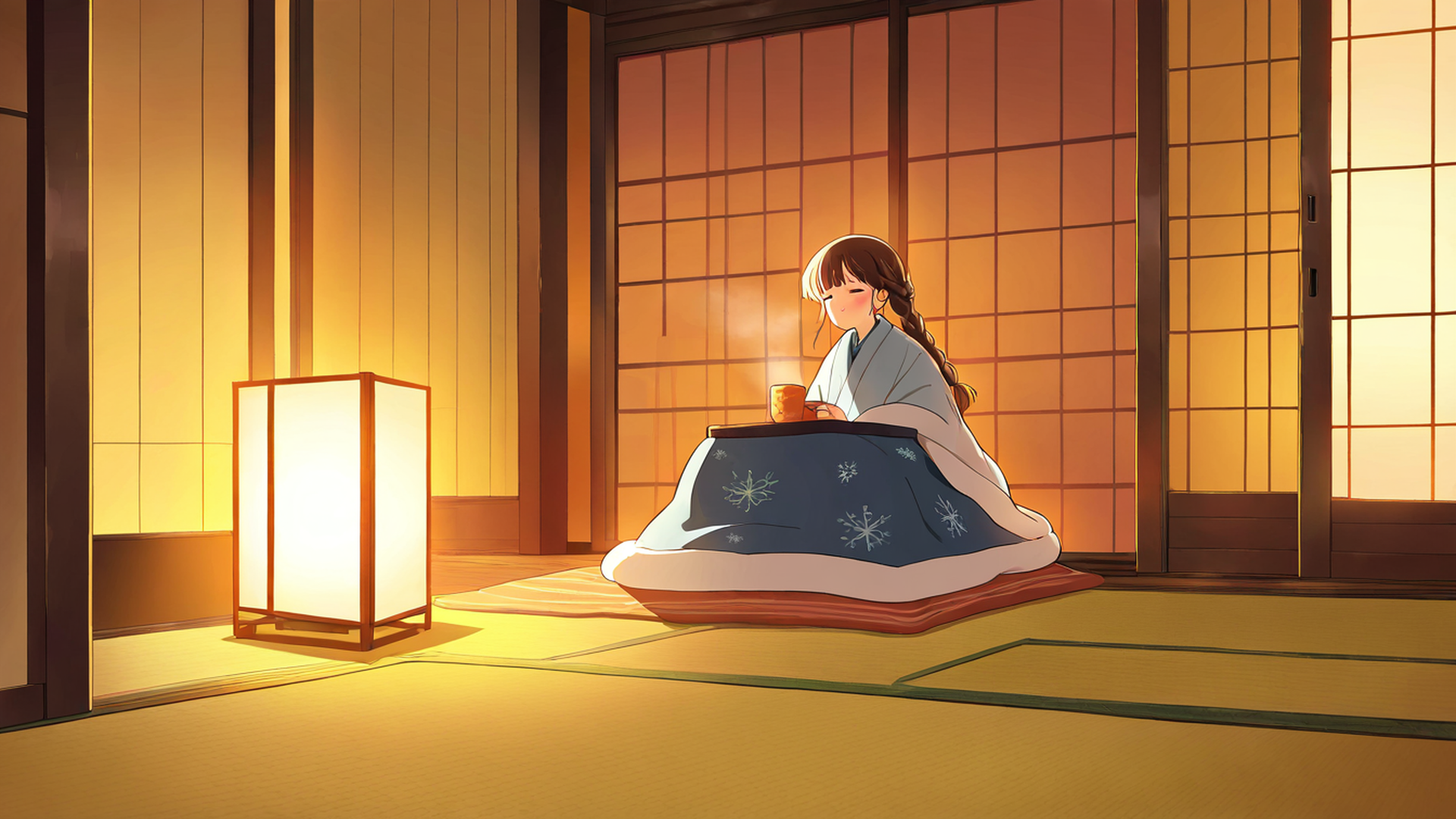girl kotatsu winter lofi wallpaper
