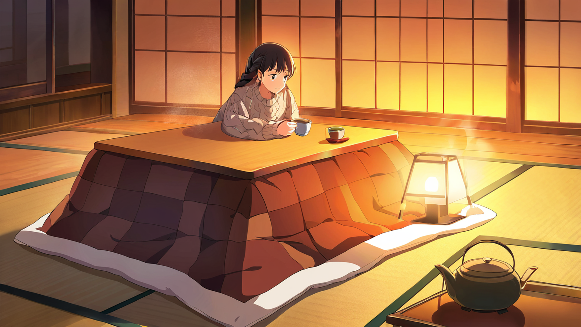 girl kotatsu winter lofi wallpaper