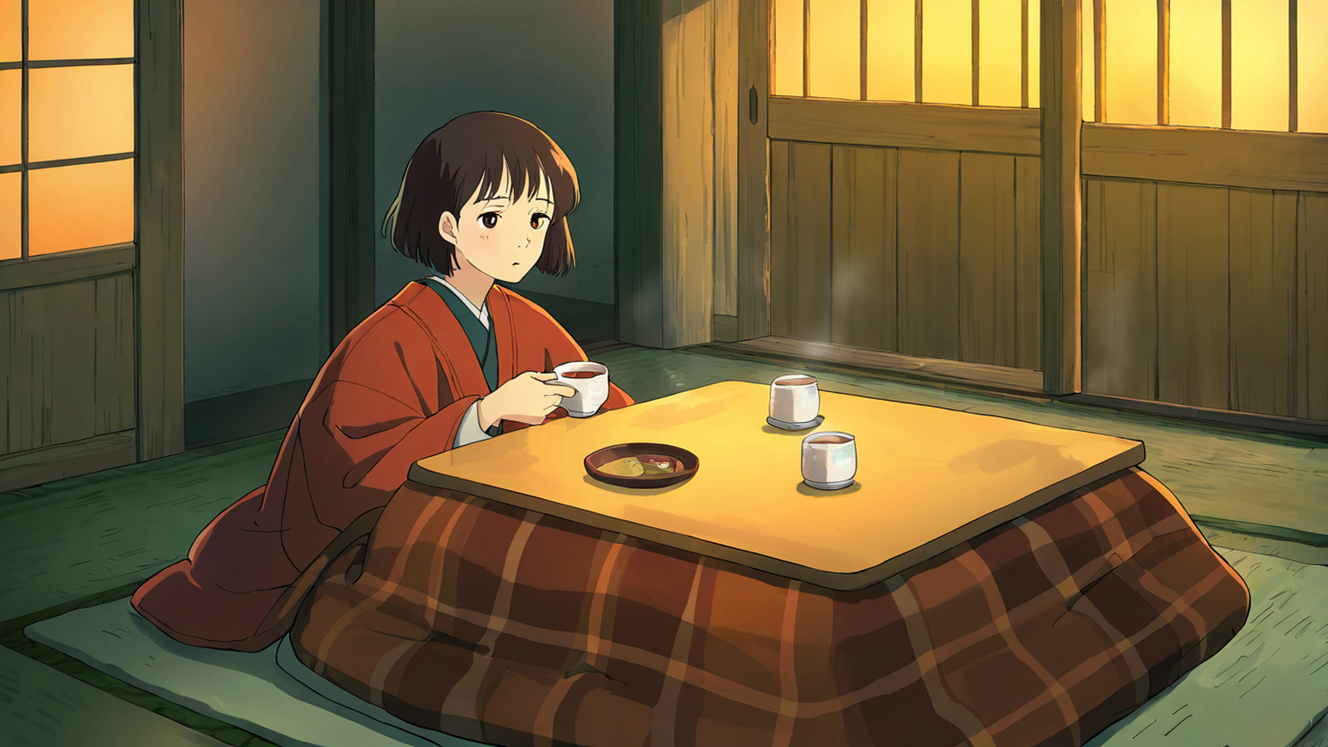 girl kotatsu winter lofi wallpaper