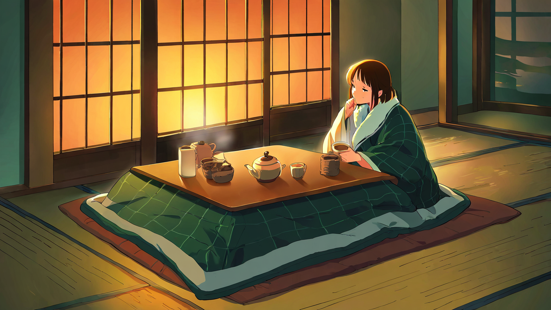 girl kotatsu winter lofi wallpaper