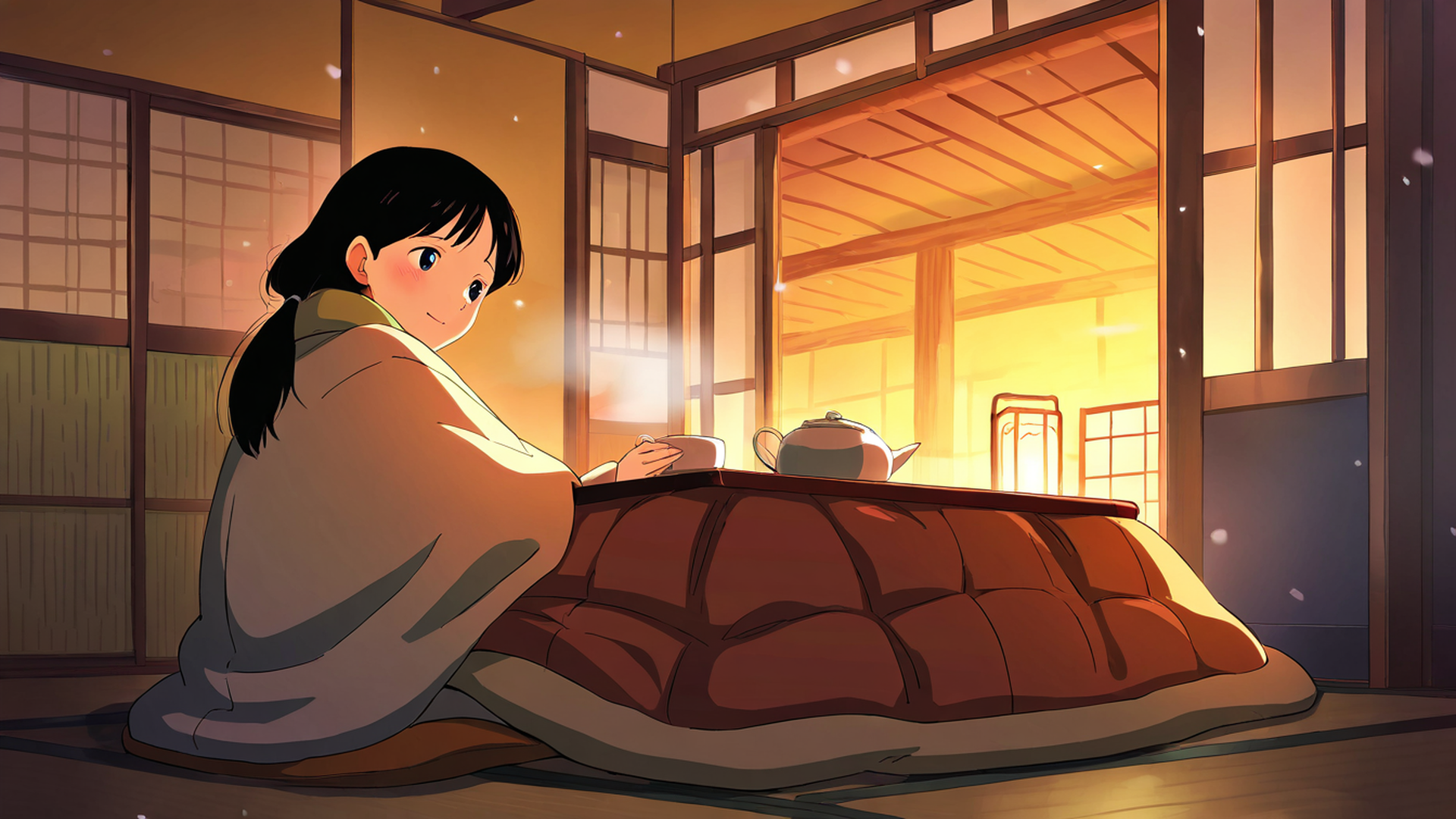 girl kotatsu winter lofi wallpaper